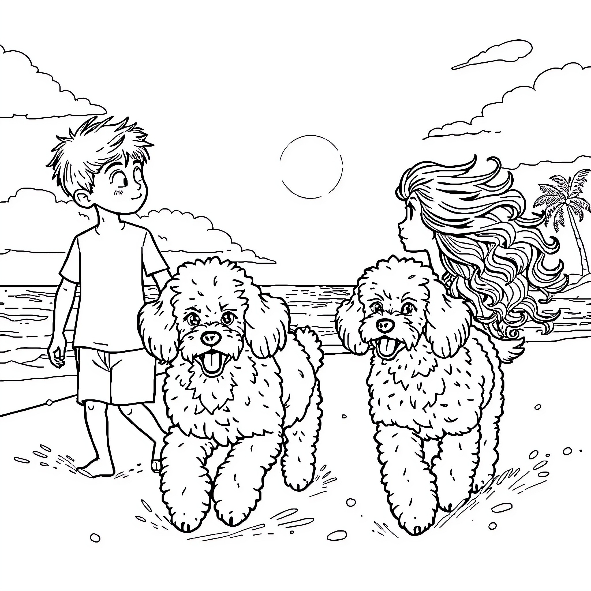 Poodle pals playing joyfully on the beach Coloring Page (free black-and-white line drawing printable PDF for all, from beginners to advanced learners, including children, teens, adults, and seniors)