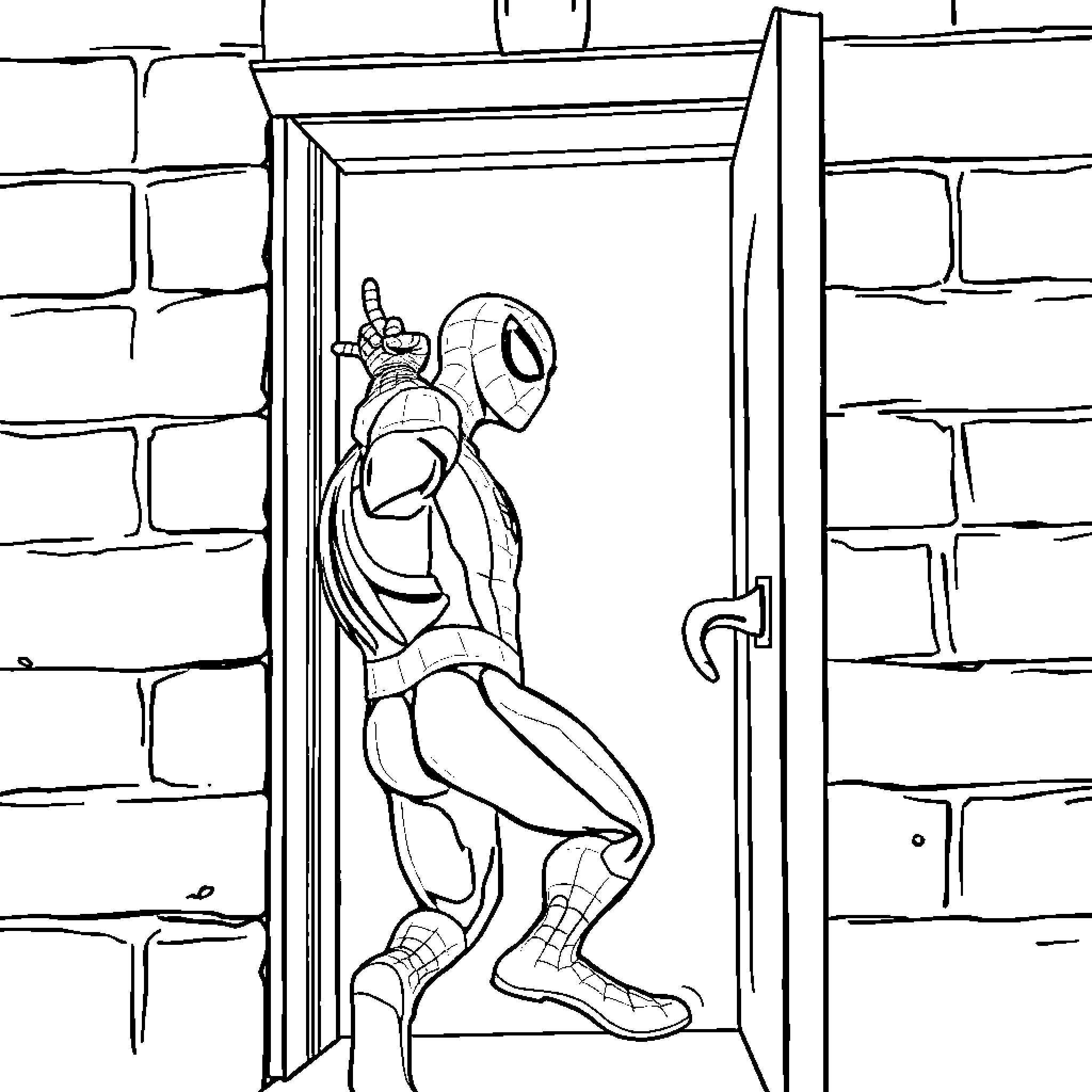 Spider-Man climbing through a doorway Coloring Page (free black-and-white line drawing printable PDF for all, from beginners to advanced learners, including children, teens, adults, and seniors)