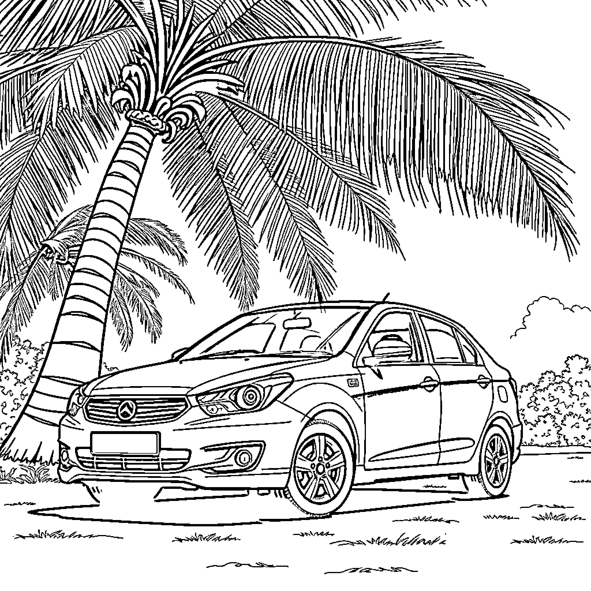 Car parked under palm trees on tropical beach Coloring Page (free black-and-white line drawing printable PDF for all, from beginners to advanced learners, including children, teens, adults, and seniors)