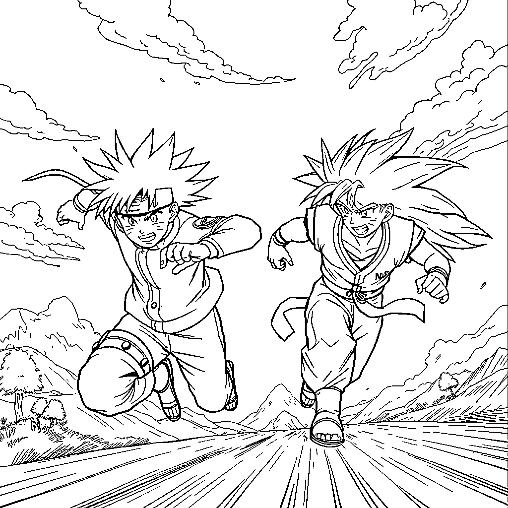 Naruto characters in dynamic action poses Coloring Page (free black-and-white line drawing printable PDF for all, from beginners to advanced learners, including children, teens, adults, and seniors)