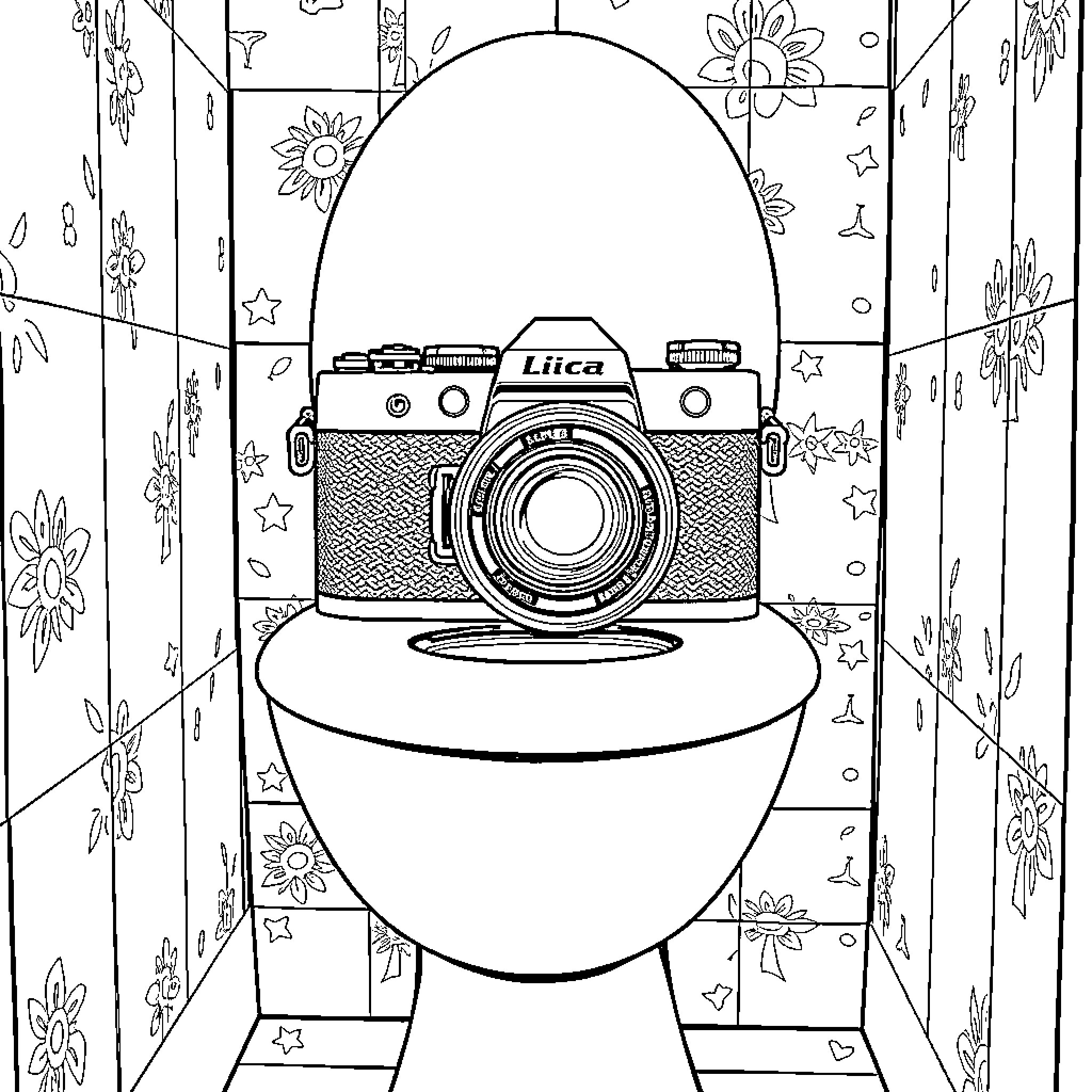 Leica camera in a whimsical floral setting Coloring Page (free black-and-white line drawing printable PDF for all, from beginners to advanced learners, including children, teens, adults, and seniors)