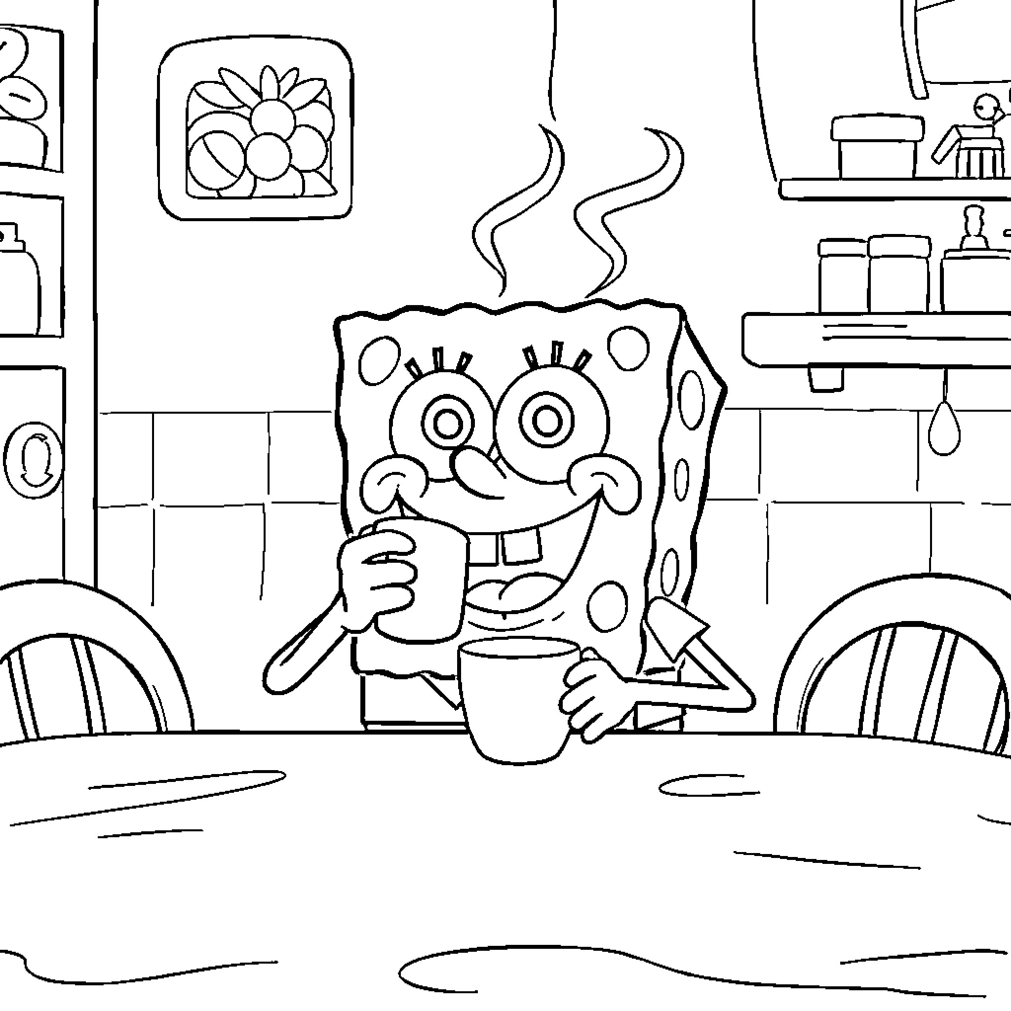 Spongebob enjoying a hot beverage in the kitchen Coloring Page (free black-and-white line drawing printable PDF for all, from beginners to advanced learners, including children, teens, adults, and seniors)