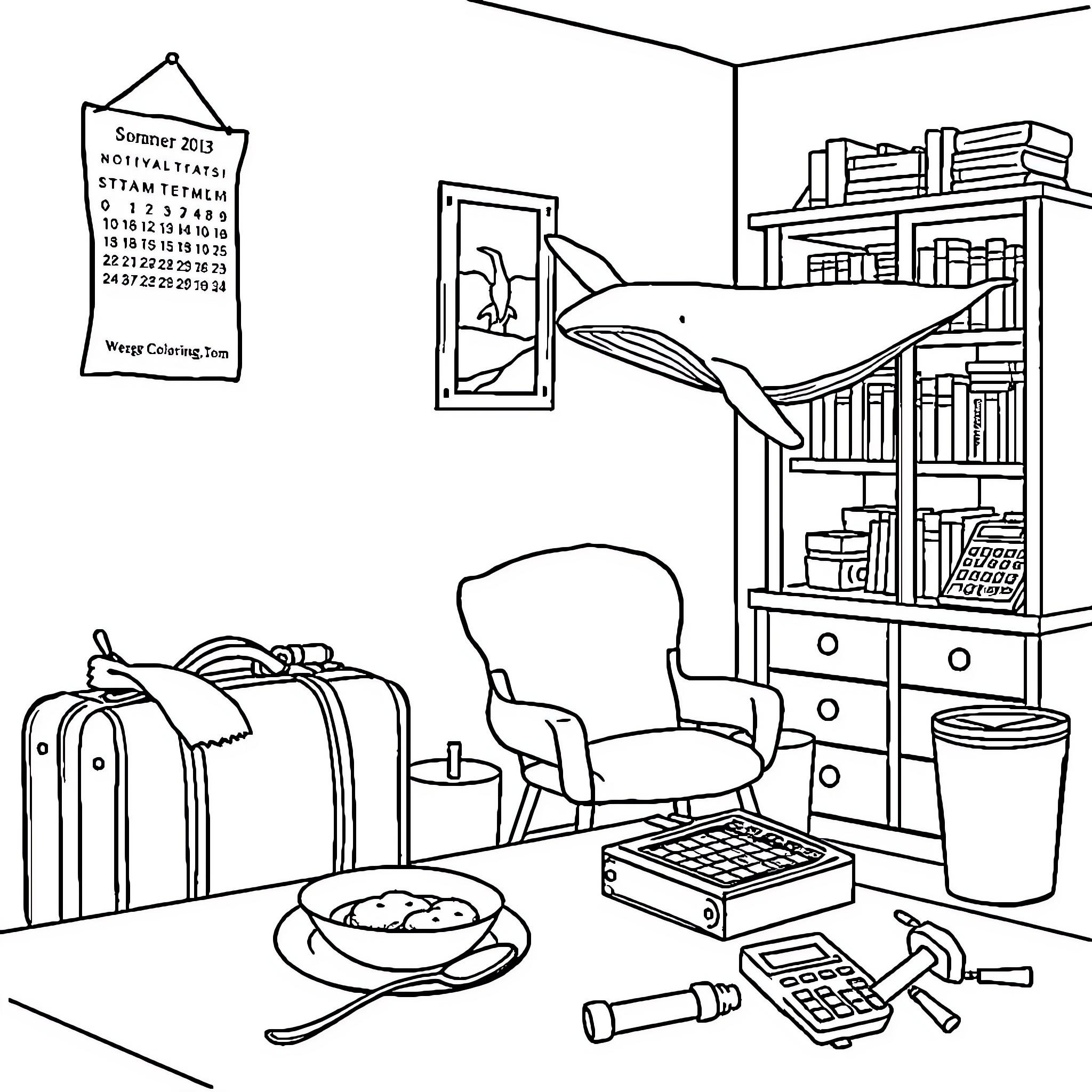 Object depicting a homely and organized study space Coloring Page (free black-and-white line drawing printable PDF for all, from beginners to advanced learners, including children, teens, adults, and seniors)