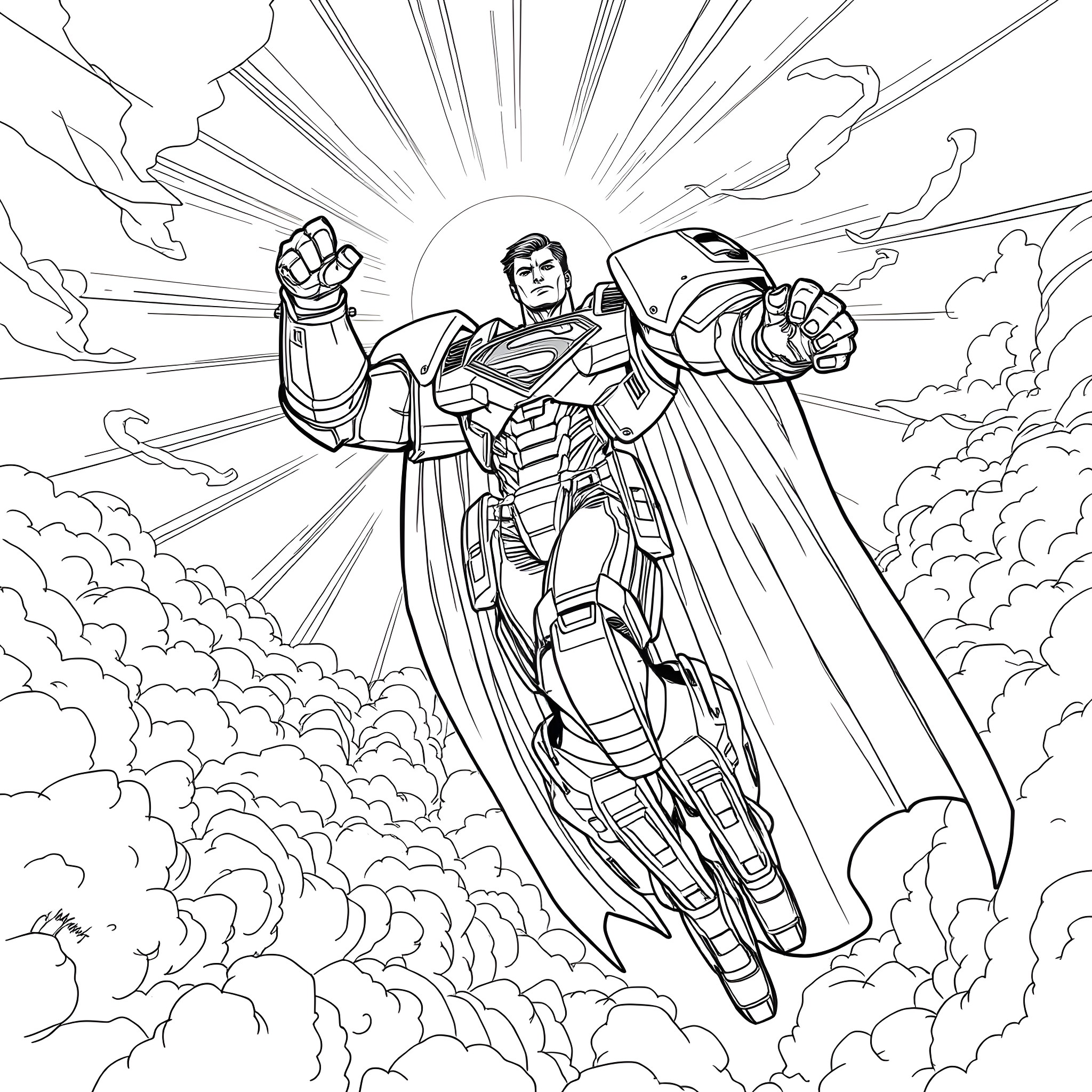 Mecha Superman taking flight in epic battle stance Coloring Page (free black-and-white line drawing printable PDF for all, from beginners to advanced learners, including children, teens, adults, and seniors)