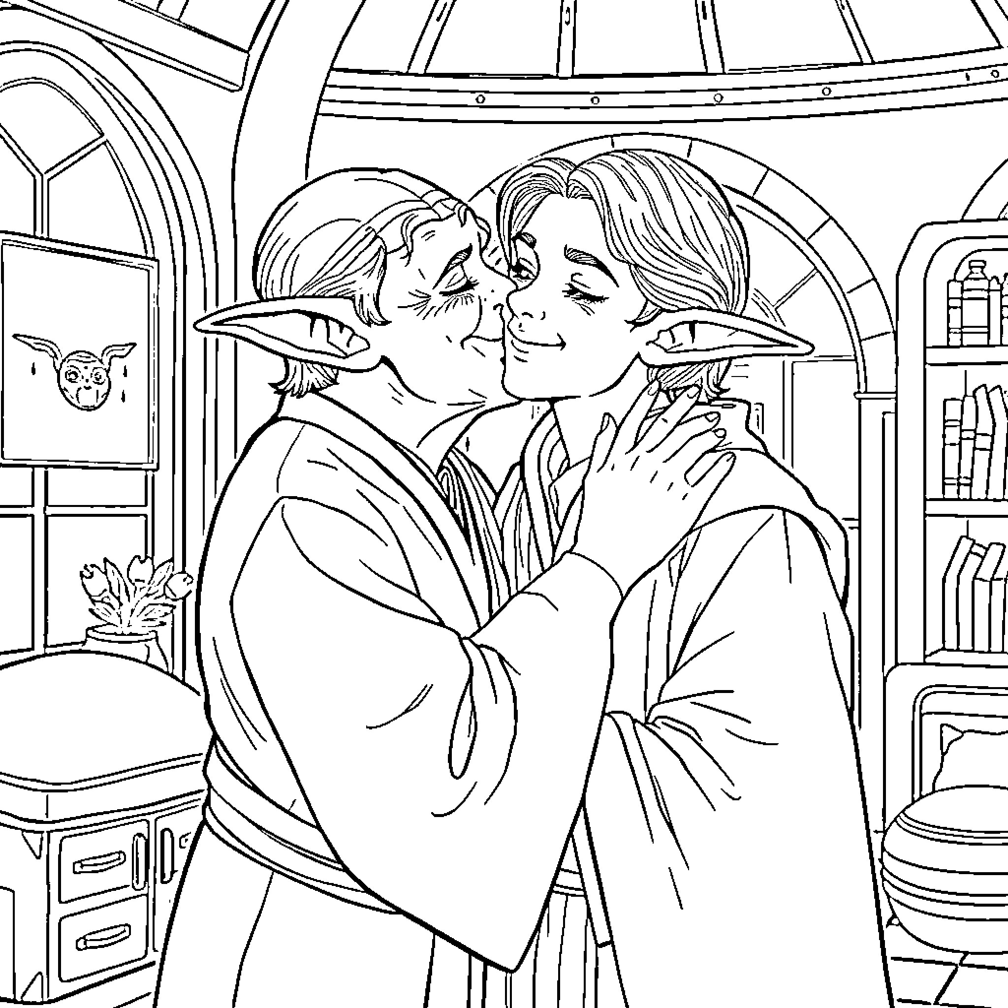 Yoda's Magical Embrace in the Enchanted Library Coloring Page (free black-and-white line drawing printable PDF for all, from beginners to advanced learners, including children, teens, adults, and seniors)