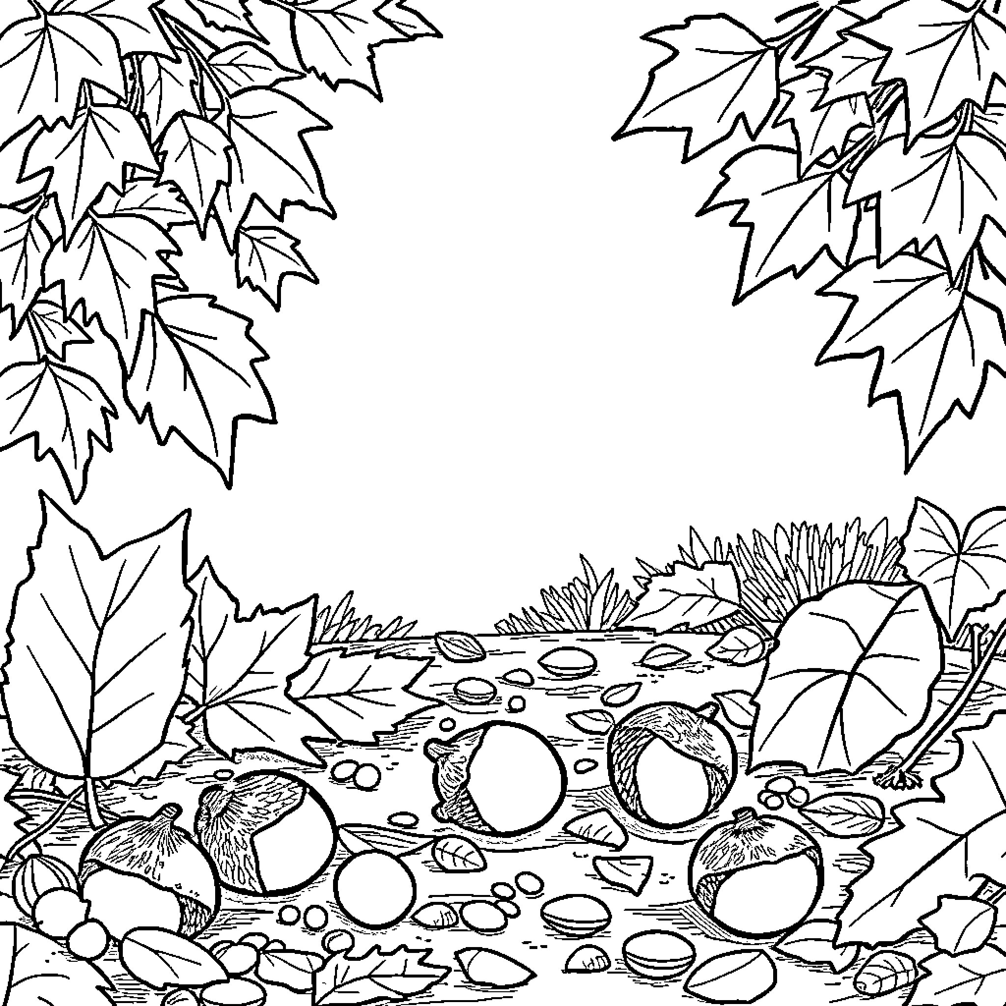 Acorn Leaves and Stones in Nature Coloring Page (free black-and-white line drawing printable PDF for all, from beginners to advanced learners, including children, teens, adults, and seniors)