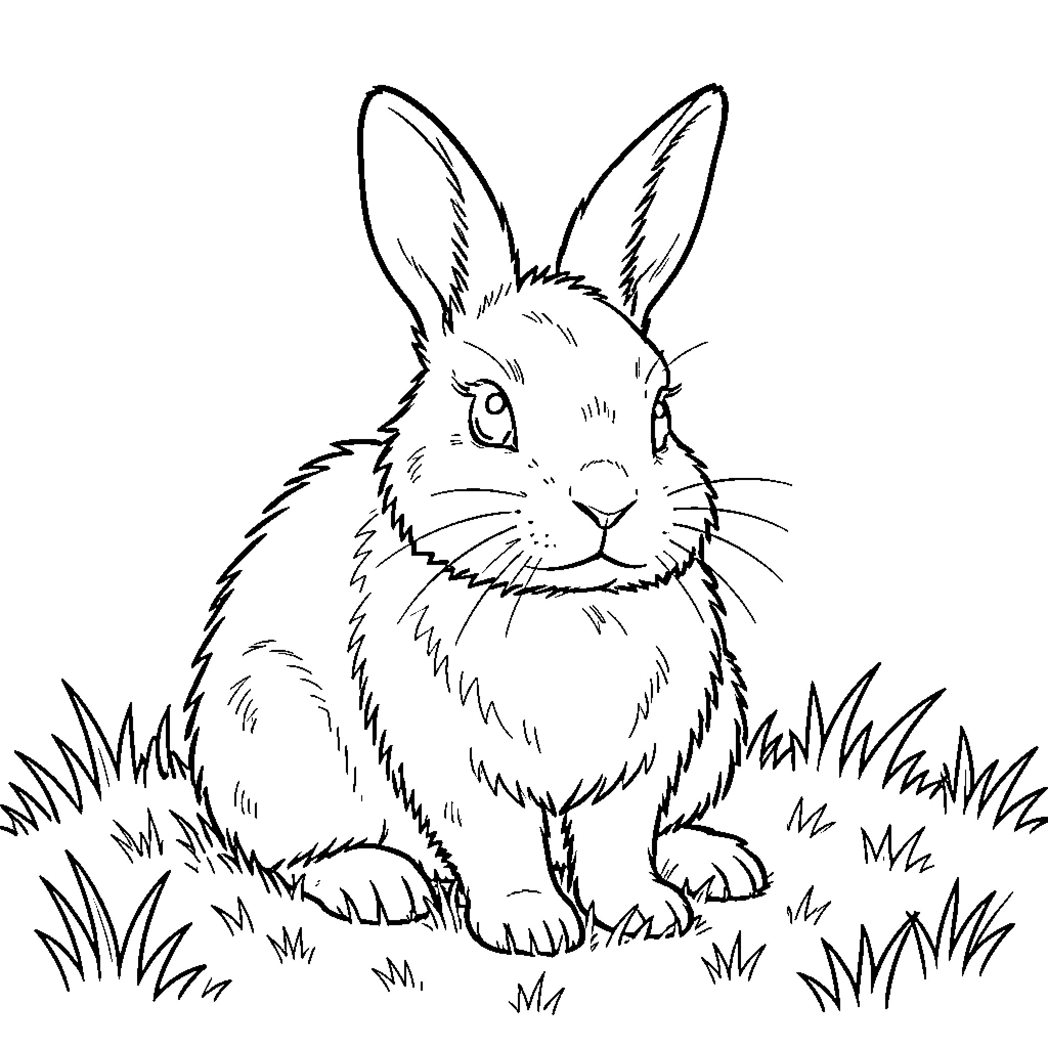 Bunny sitting peacefully in the tall grass Coloring Page (free black-and-white line drawing printable PDF for all, from beginners to advanced learners, including children, teens, adults, and seniors)