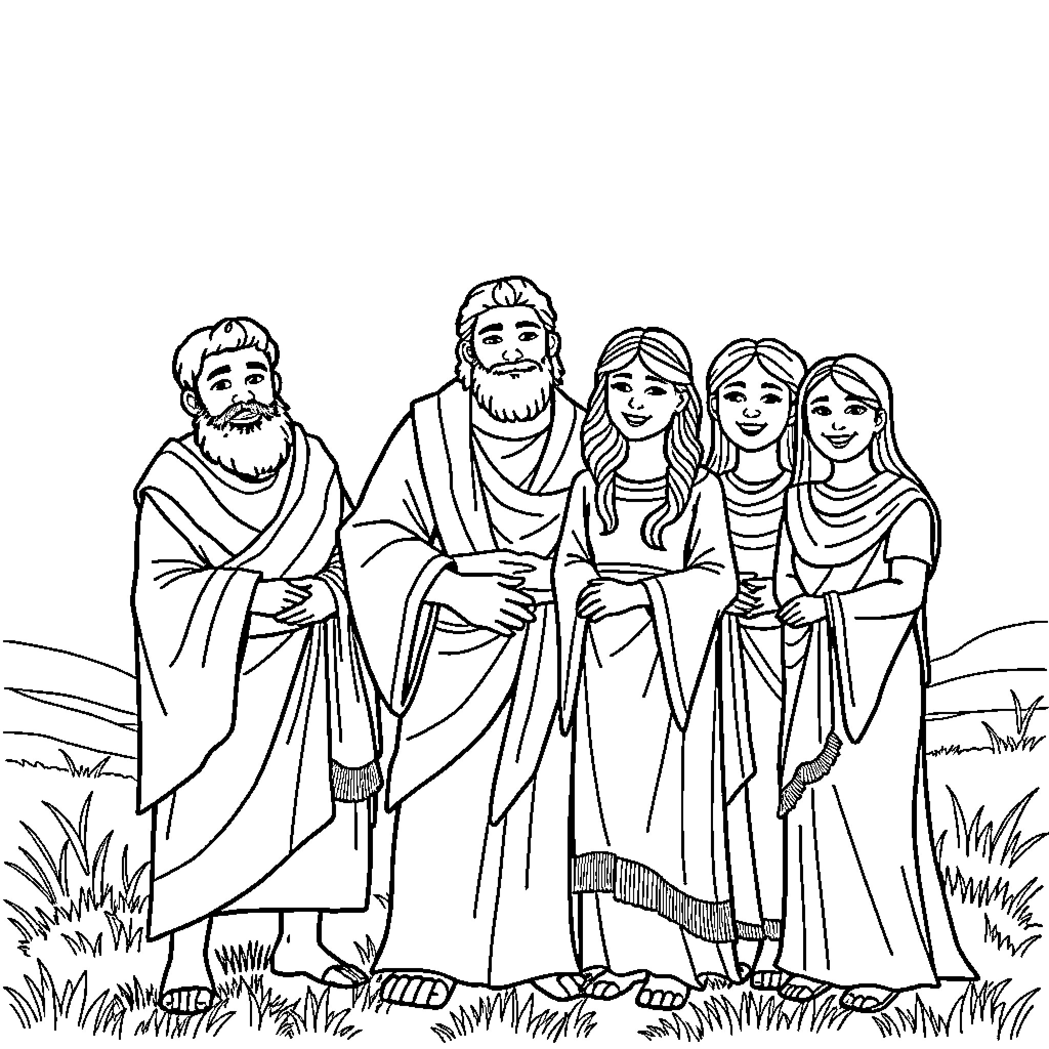 Noah and his family share a moment together Coloring Page (free black-and-white line drawing printable PDF for all, from beginners to advanced learners, including children, teens, adults, and seniors)