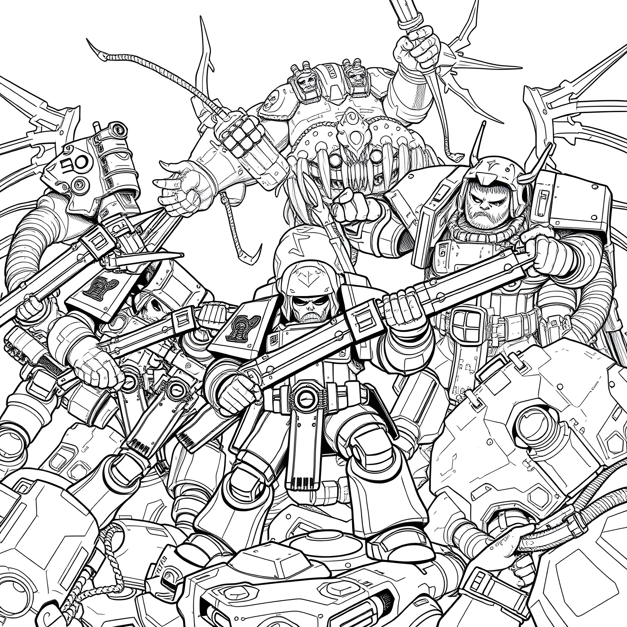 Warhammer Sci-Fi Battle Scene with Heavily Armed Combatants Coloring Page (free black-and-white line drawing printable PDF for all, from beginners to advanced learners, including children, teens, adults, and seniors)