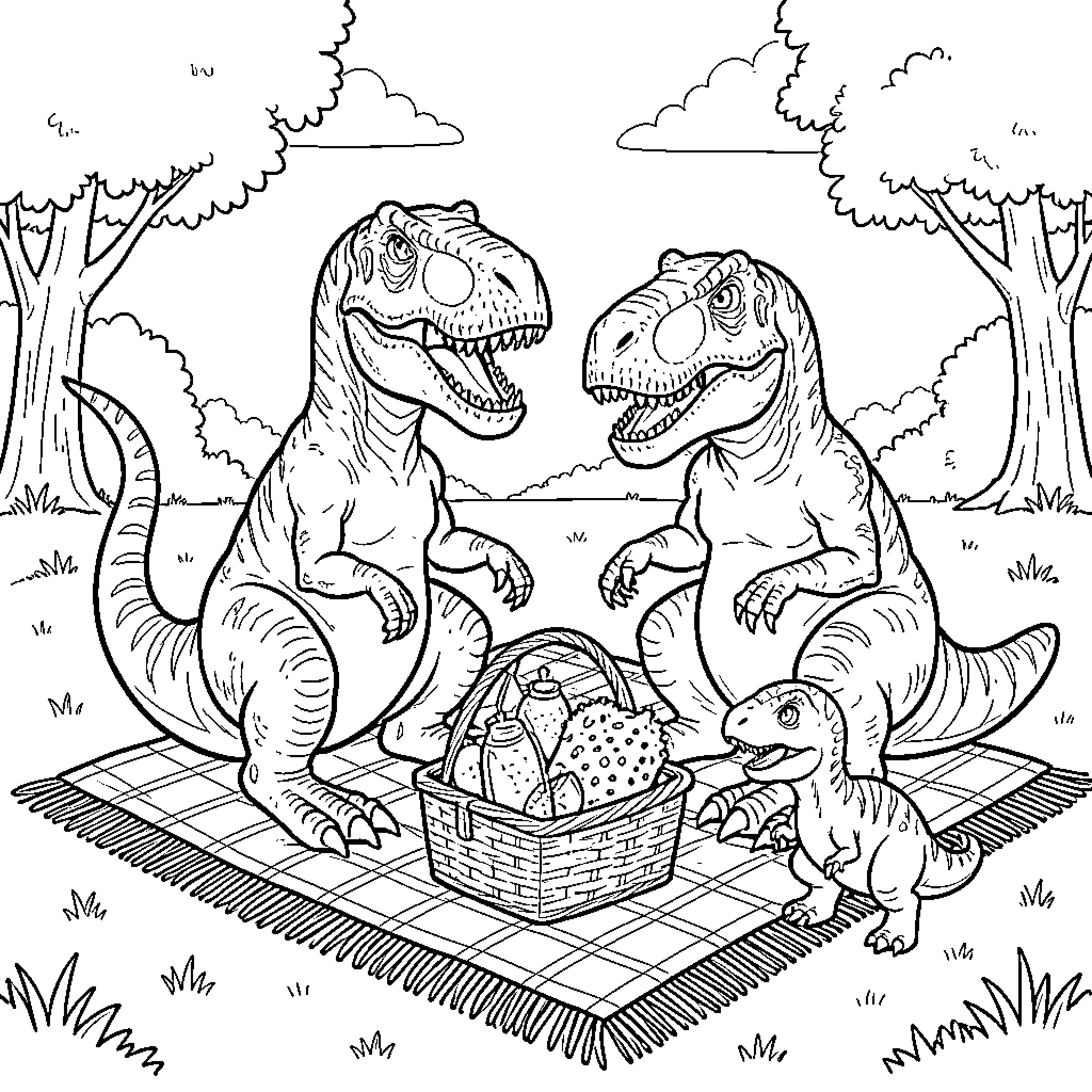 Tyrannosaurus family enjoying a picnic in the park Coloring Page (free black-and-white line drawing printable PDF for all, from beginners to advanced learners, including children, teens, adults, and seniors)