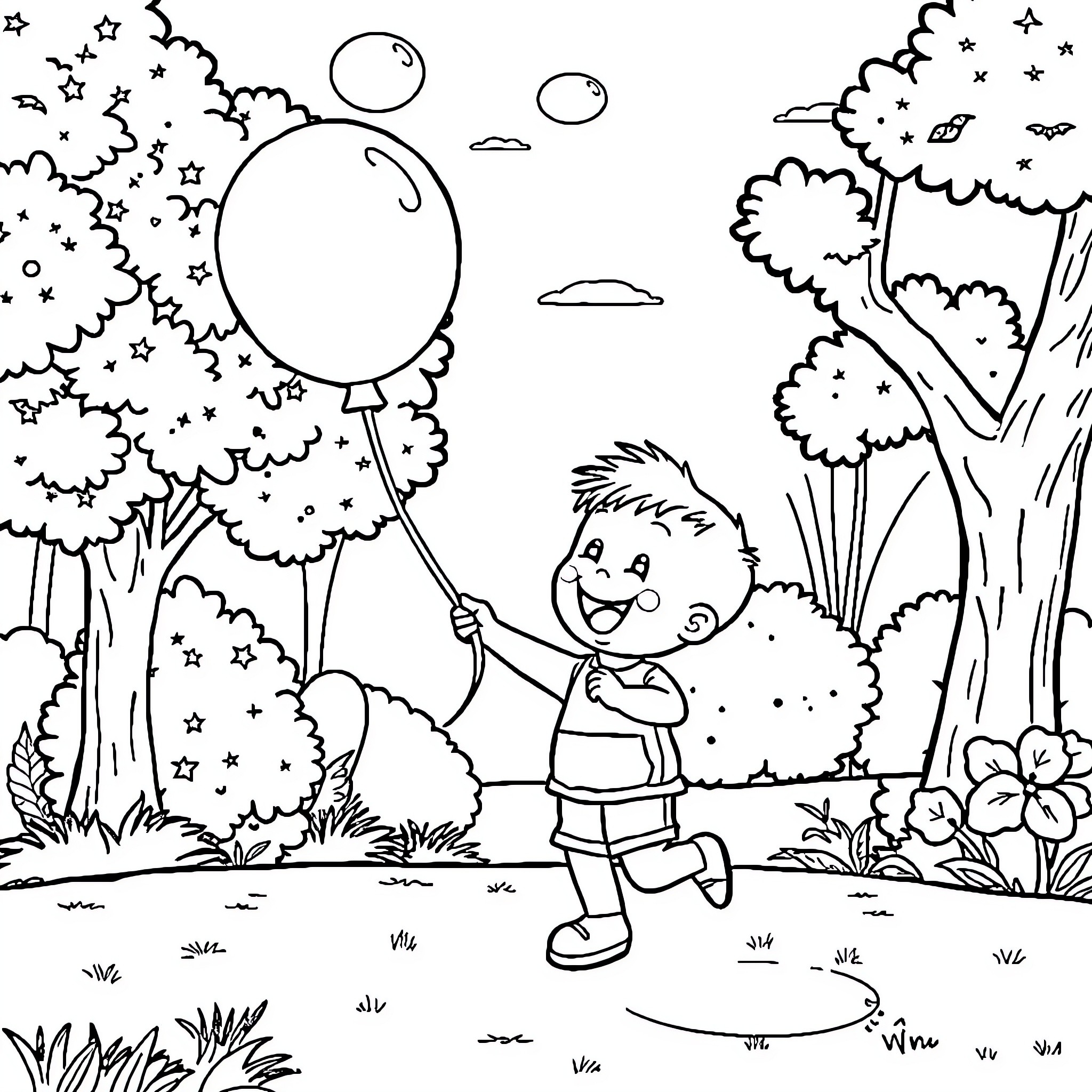 Bear playing with balloons in a magical forest Coloring Page (free black-and-white line drawing printable PDF for all, from beginners to advanced learners, including children, teens, adults, and seniors)