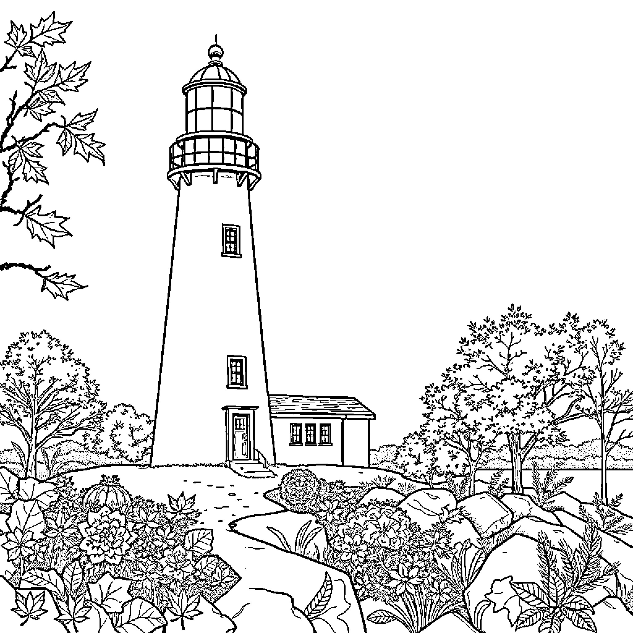 Lighthouse surrounded by nature's beauty Coloring Page (free black-and-white line drawing printable PDF for all, from beginners to advanced learners, including children, teens, adults, and seniors)