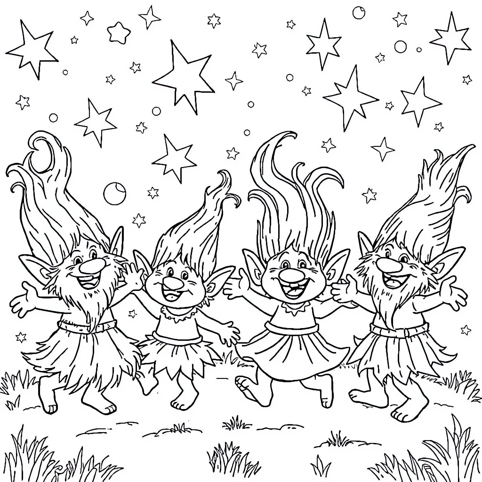 Troll characters dancing under the stars Coloring Page (free black-and-white line drawing printable PDF for all, from beginners to advanced learners, including children, teens, adults, and seniors)