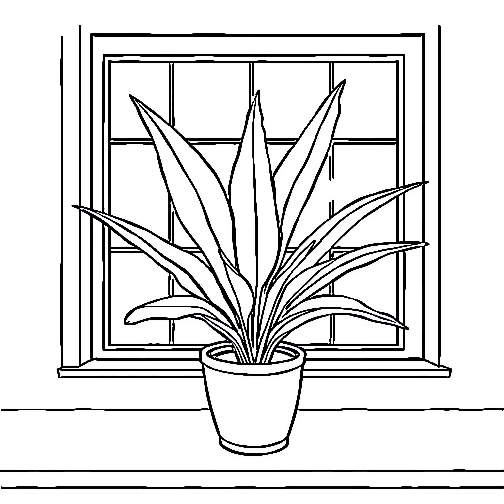 Plant in window frame Coloring Page (free black-and-white line drawing printable PDF for all, from beginners to advanced learners, including children, teens, adults, and seniors)