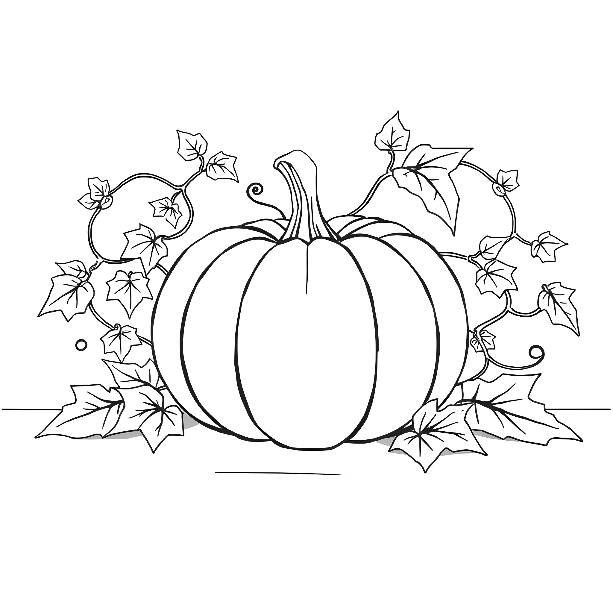 Pumpkin surrounded by autumn leaves and vines Coloring Page (free black-and-white line drawing printable PDF for all, from beginners to advanced learners, including children, teens, adults, and seniors)