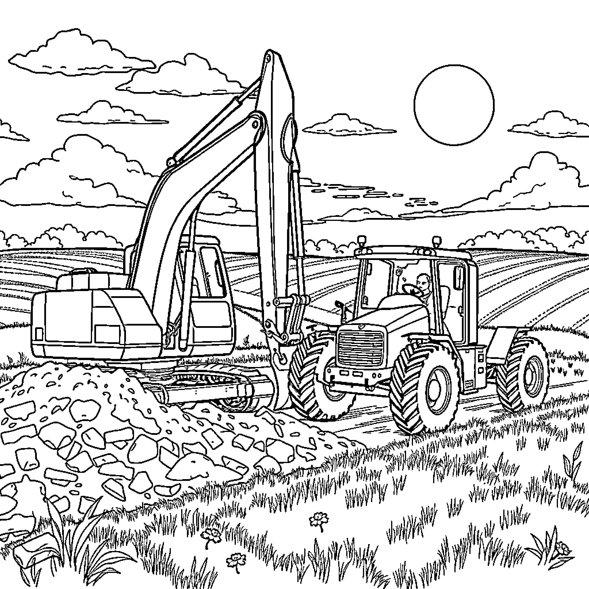 Excavator and tractor working in a rural landscape Coloring Page (free black-and-white line drawing printable PDF for all, from beginners to advanced learners, including children, teens, adults, and seniors)