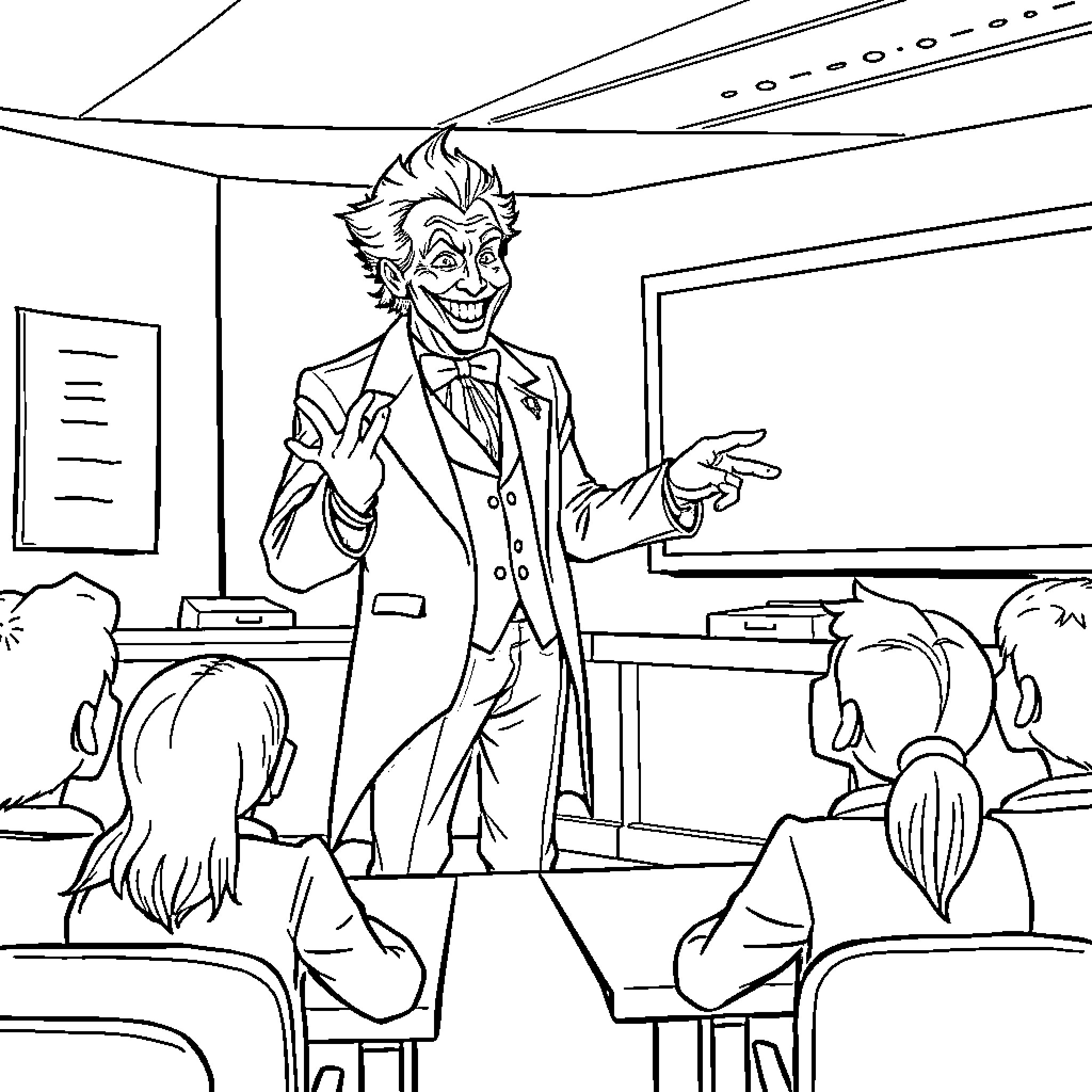 Joker causing mischief in the classroom Coloring Page (free black-and-white line drawing printable PDF for all, from beginners to advanced learners, including children, teens, adults, and seniors)