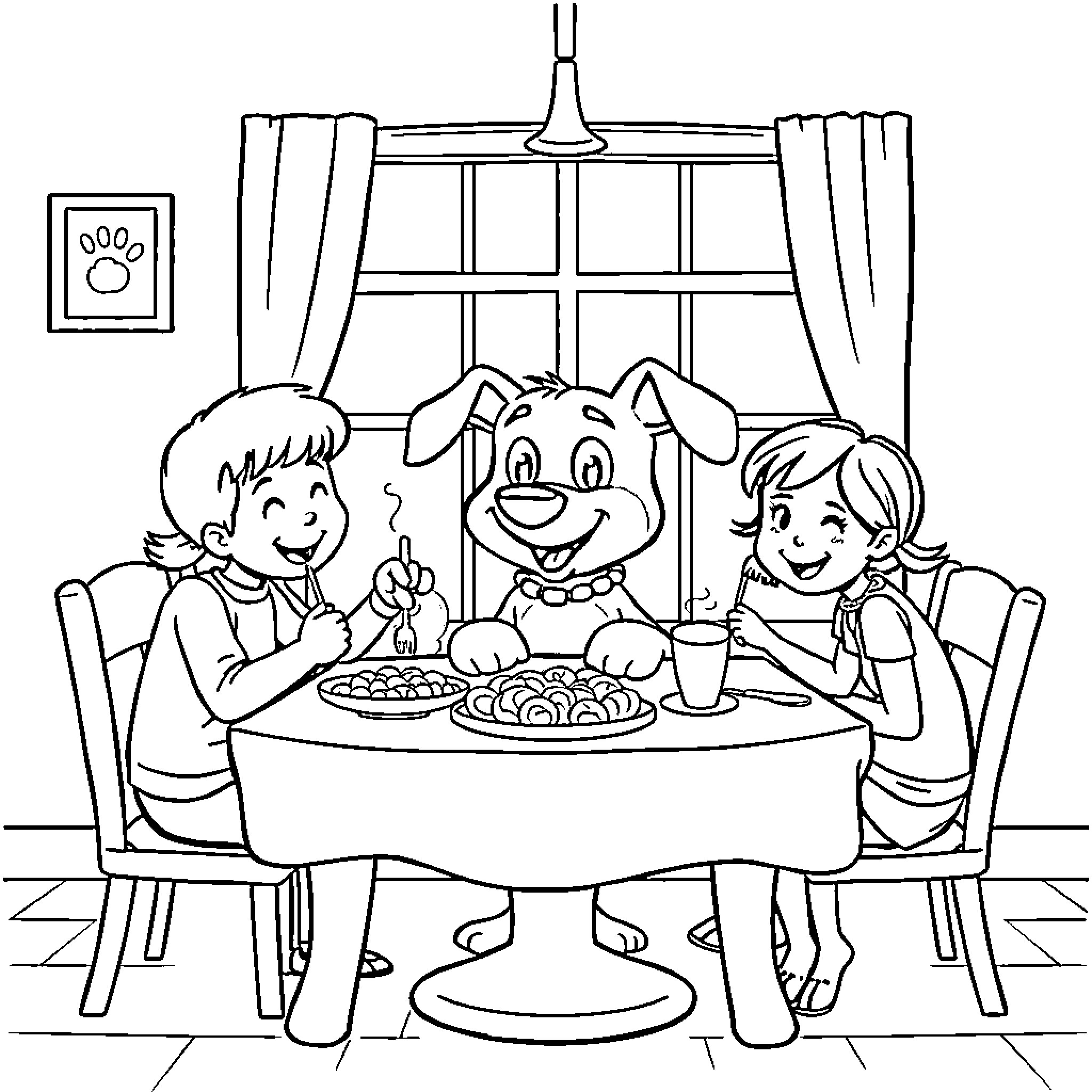 Bluey's Family Enjoying a Meal Together Coloring Page (free black-and-white line drawing printable PDF for all, from beginners to advanced learners, including children, teens, adults, and seniors)