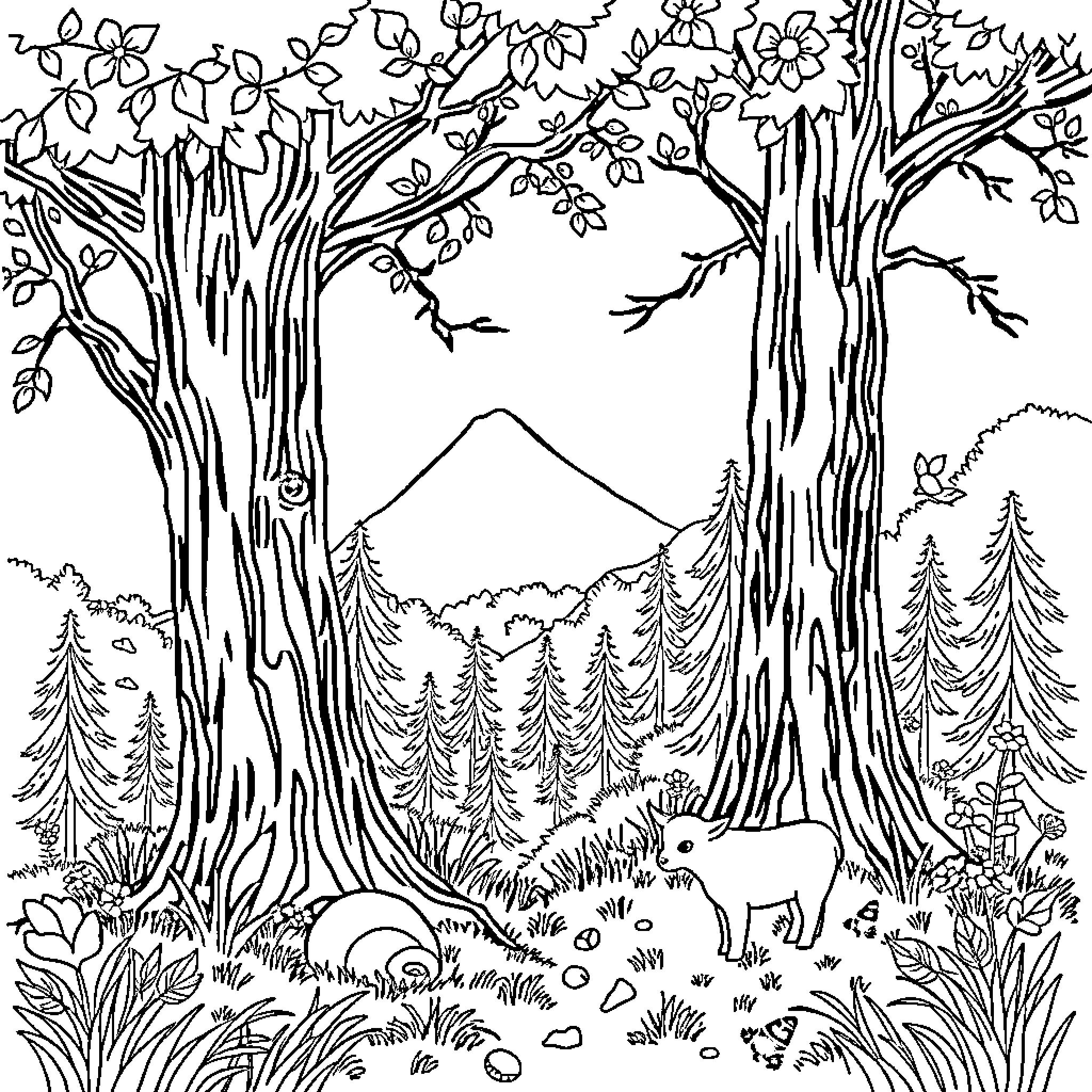 Марио в волшебном лесу Coloring Page (free black-and-white line drawing printable PDF for all, from beginners to advanced learners, including children, teens, adults, and seniors)