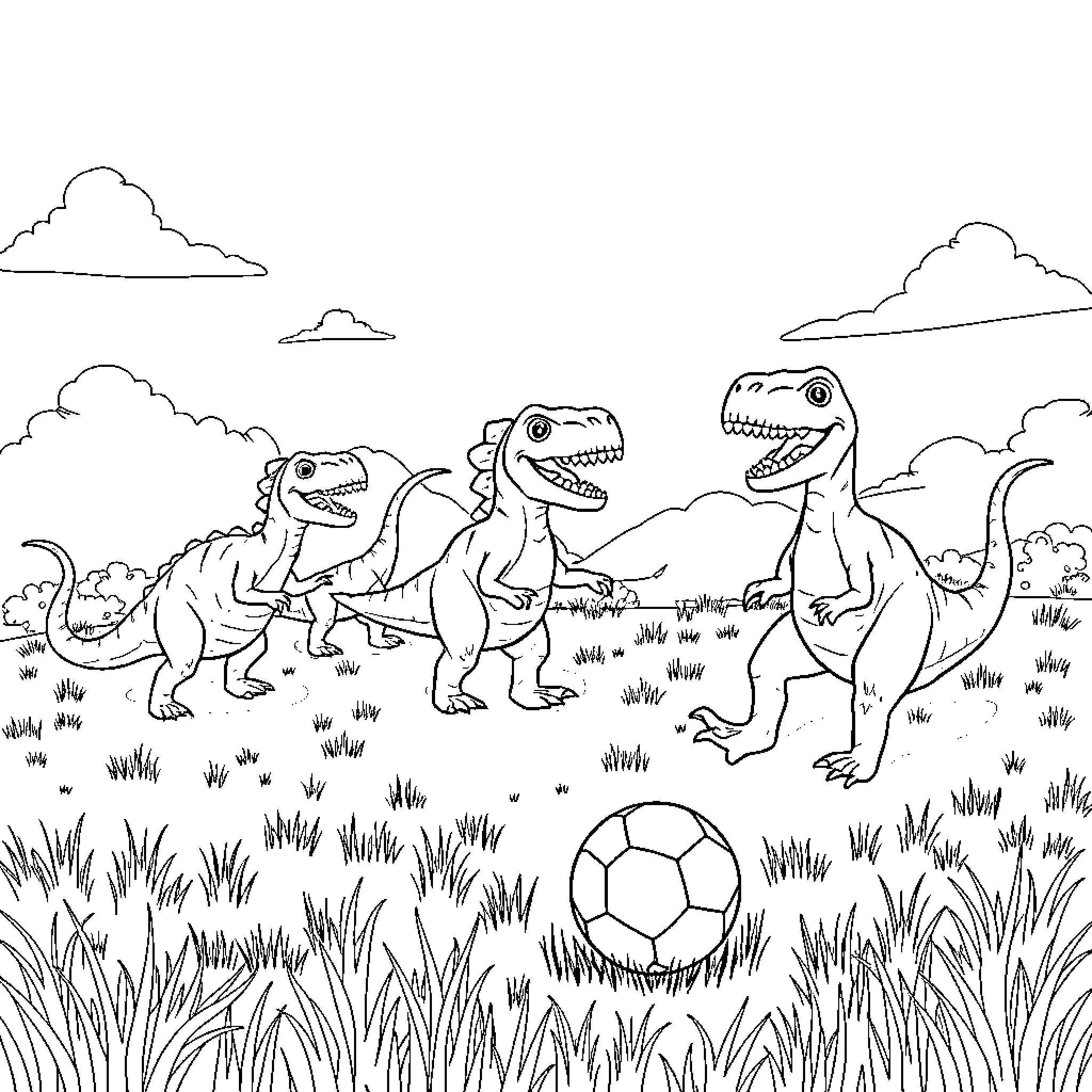 Dinosaurs Playing with Soccer Ball in Nature Coloring Page (free black-and-white line drawing printable PDF for all, from beginners to advanced learners, including children, teens, adults, and seniors)