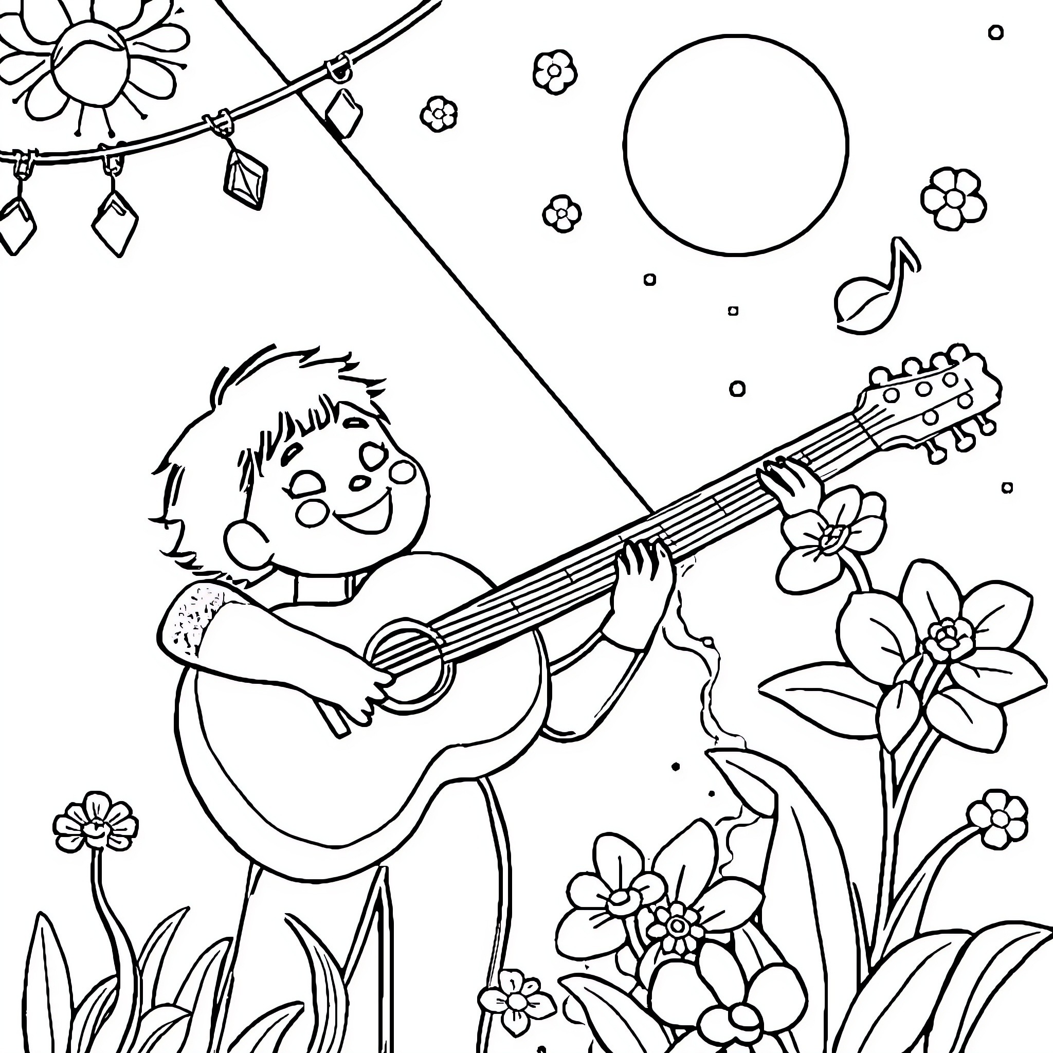 Tralalero boy playing guitar amidst blooming flowers Coloring Page (free black-and-white line drawing printable PDF for all, from beginners to advanced learners, including children, teens, adults, and seniors)