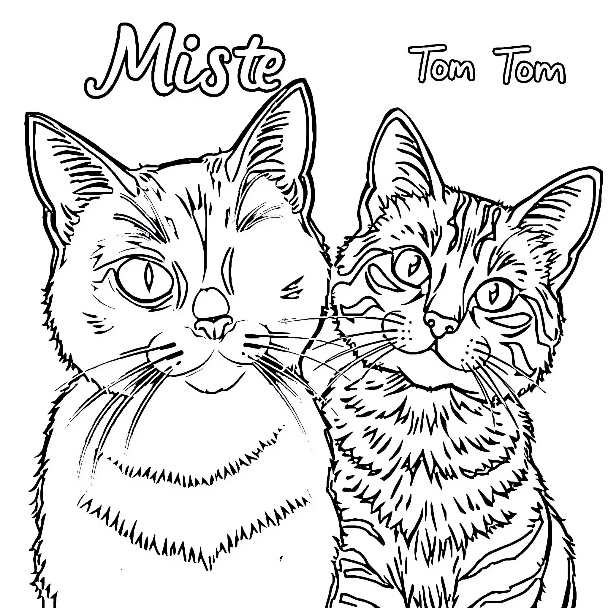 Cats Miste and Tom Tom Coloring Page (free black-and-white line drawing printable PDF for all, from beginners to advanced learners, including children, teens, adults, and seniors)