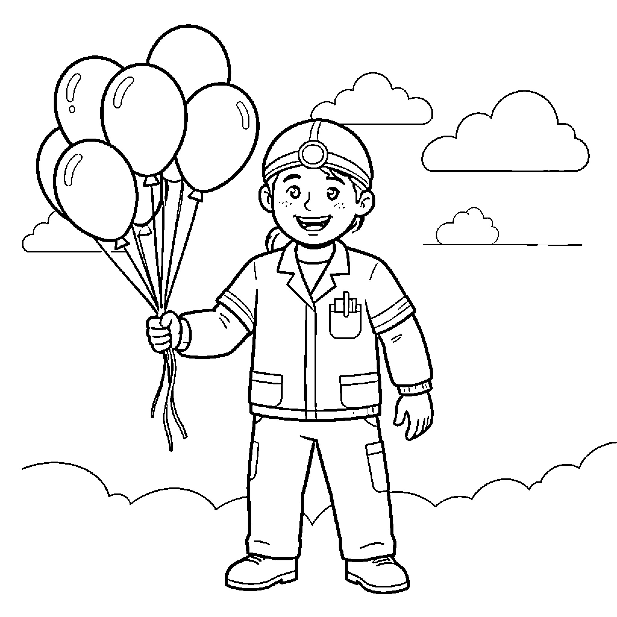 X Ray Tech smiling while holding balloons Coloring Page (free black-and-white line drawing printable PDF for all, from beginners to advanced learners, including children, teens, adults, and seniors)