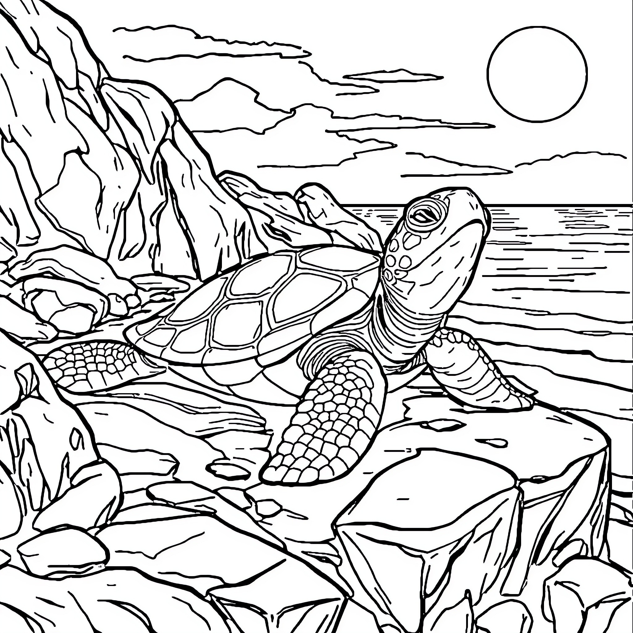 Turtle lounging on the rocky shoreline Coloring Page (free black-and-white line drawing printable PDF for all, from beginners to advanced learners, including children, teens, adults, and seniors)