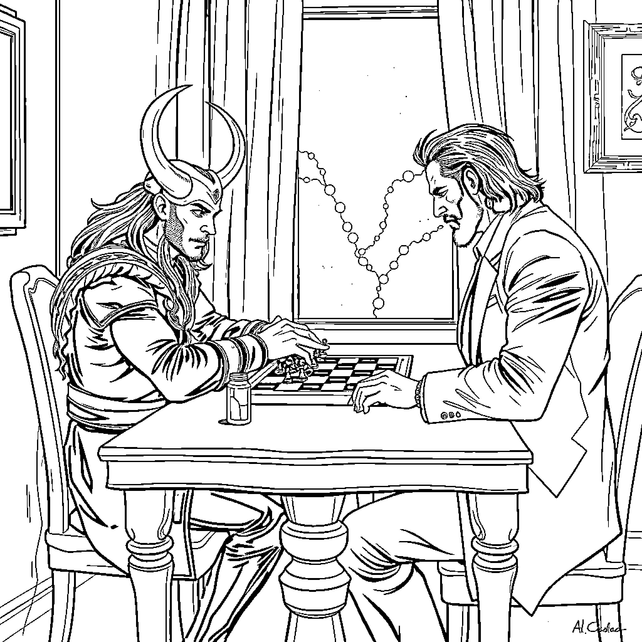 Loki playing chess with a mysterious figure Coloring Page (free black-and-white line drawing printable PDF for all, from beginners to advanced learners, including children, teens, adults, and seniors)