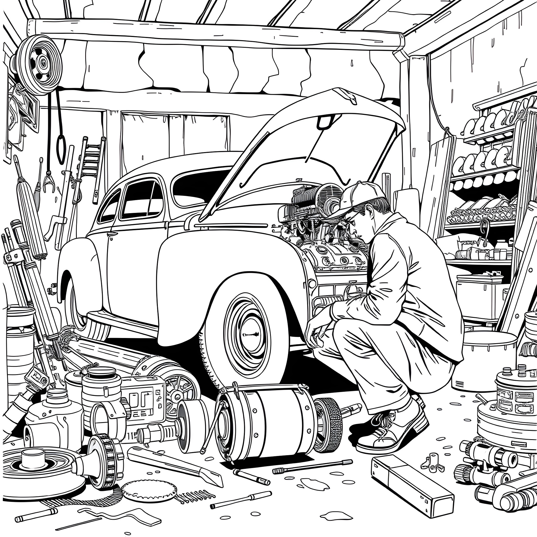 Car mechanic repairing classic vehicle in workshop Coloring Page (free black-and-white line drawing printable PDF for all, from beginners to advanced learners, including children, teens, adults, and seniors)