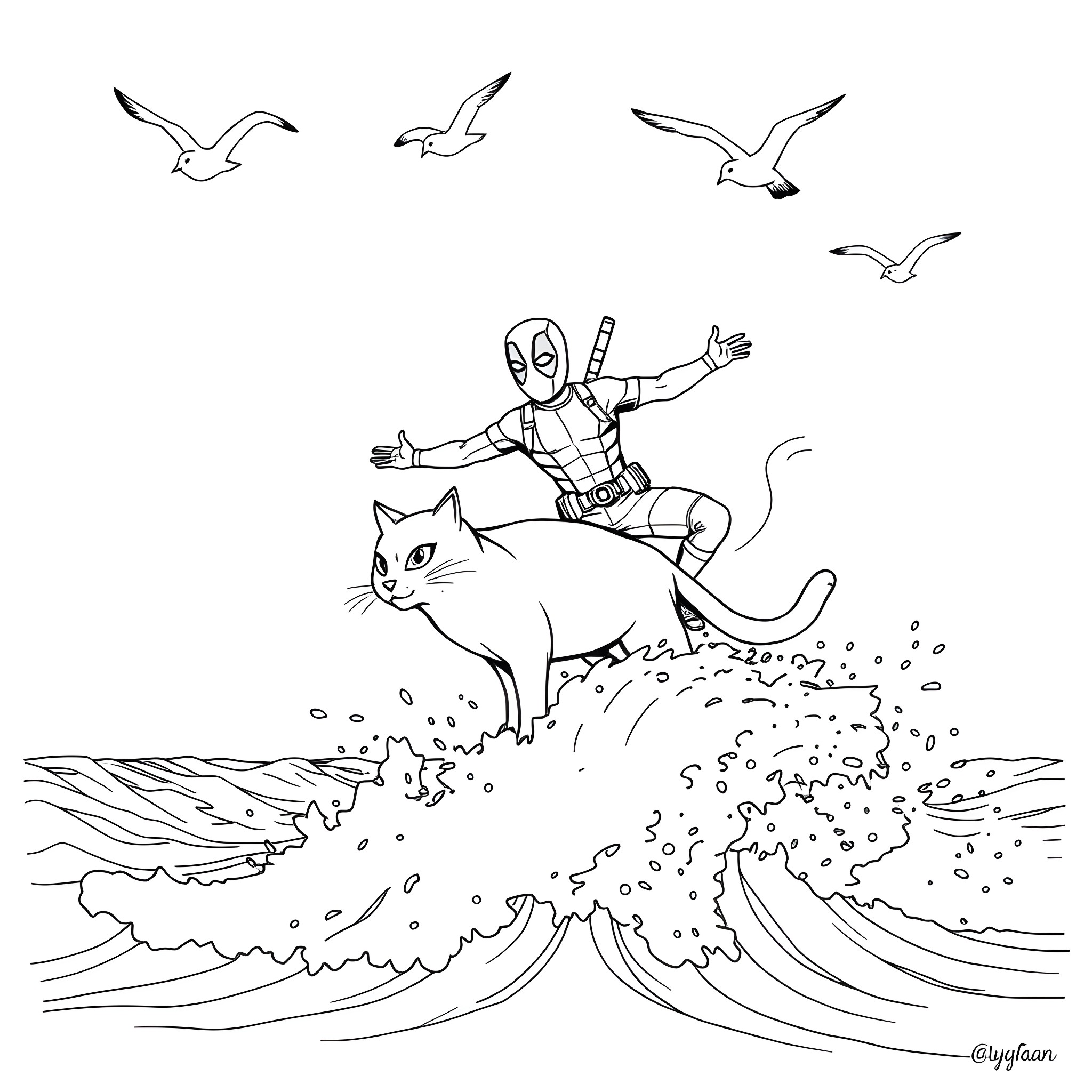 Deadpool surfing with a cat on the waves Coloring Page (free black-and-white line drawing printable PDF for all, from beginners to advanced learners, including children, teens, adults, and seniors)