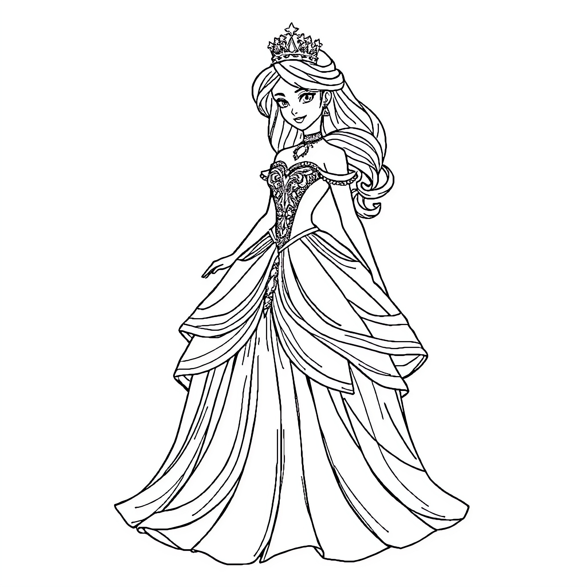 Princess in Elegant Ballgown Dress Coloring Page (free black-and-white line drawing printable PDF for all, from beginners to advanced learners, including children, teens, adults, and seniors)