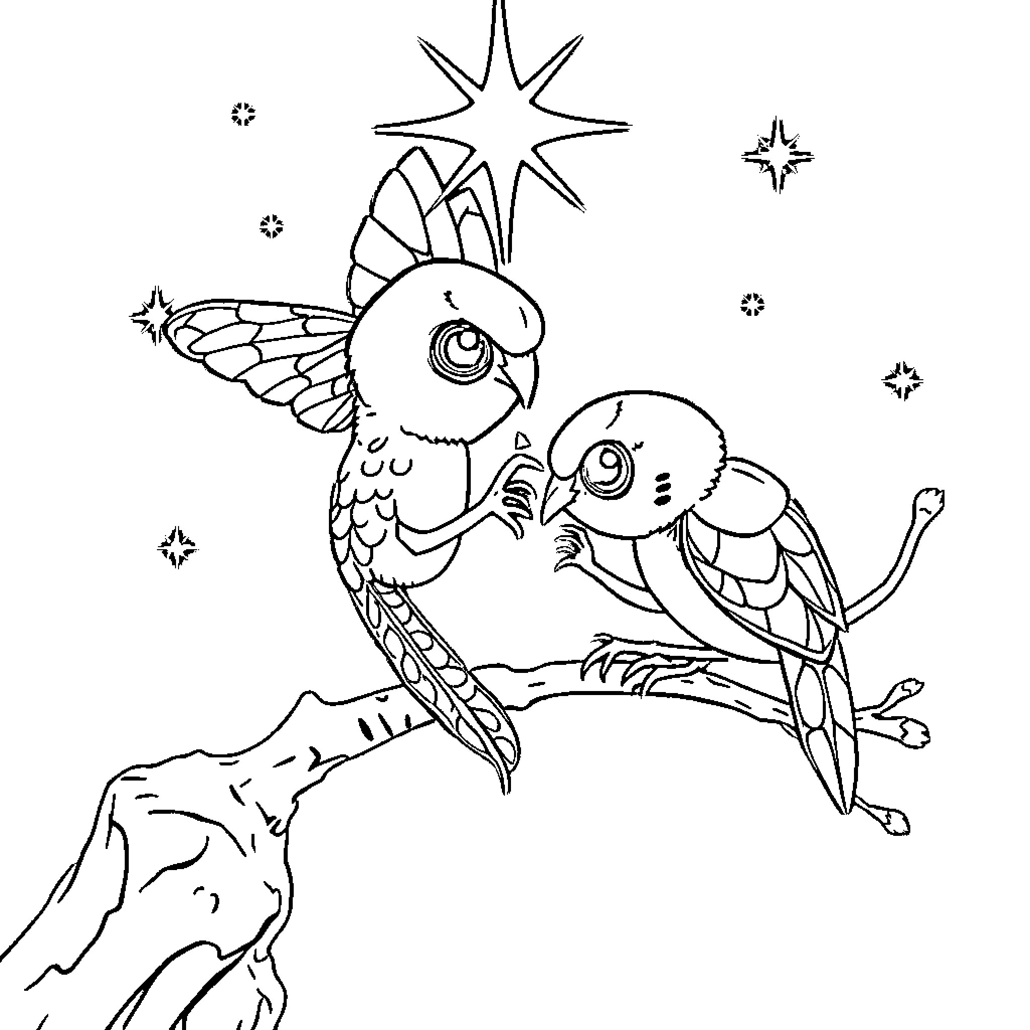 Spider-like birds with twinkling stars Coloring Page (free black-and-white line drawing printable PDF for all, from beginners to advanced learners, including children, teens, adults, and seniors)