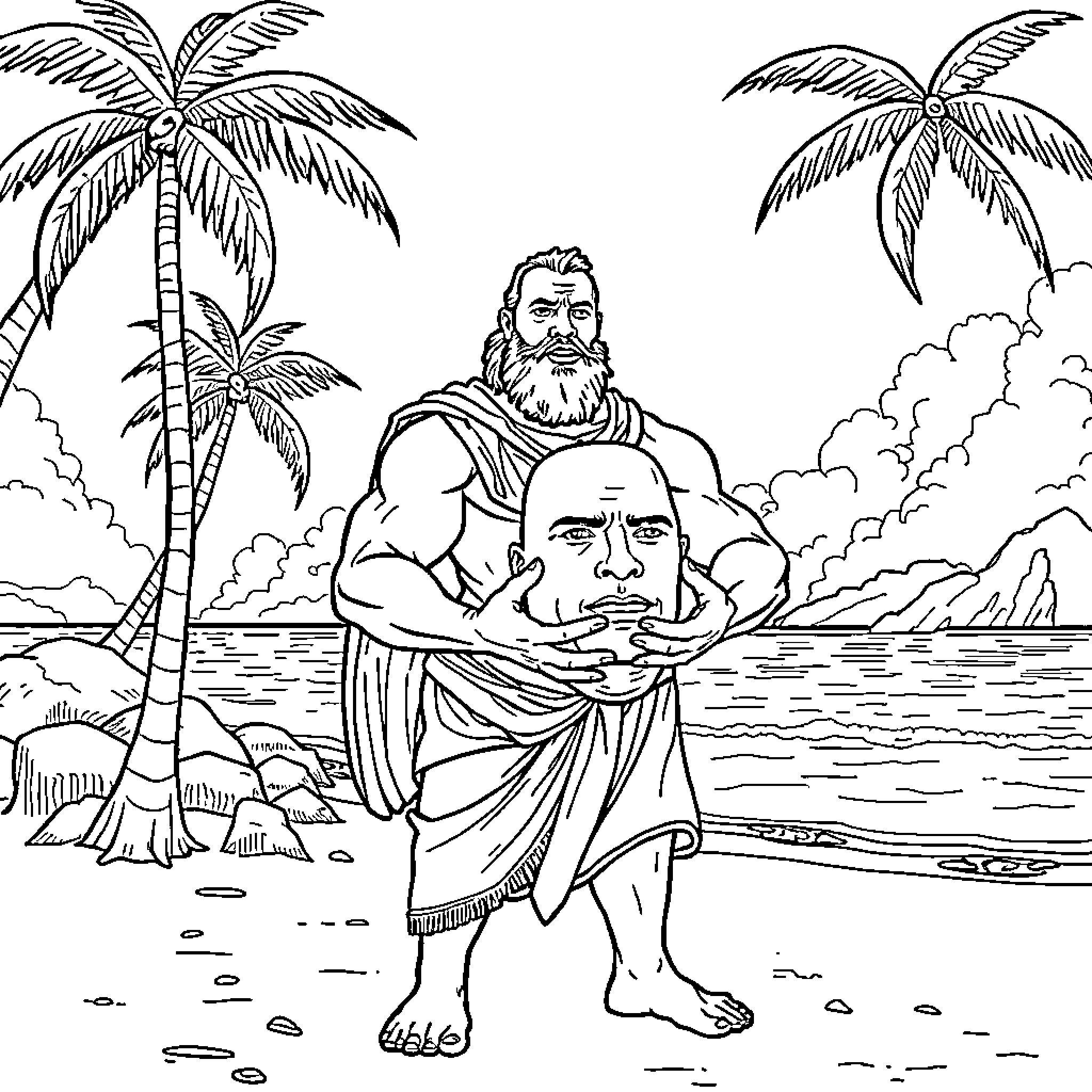 Aesop's Fable Characters on a Beach Coloring Page (free black-and-white line drawing printable PDF for all, from beginners to advanced learners, including children, teens, adults, and seniors)