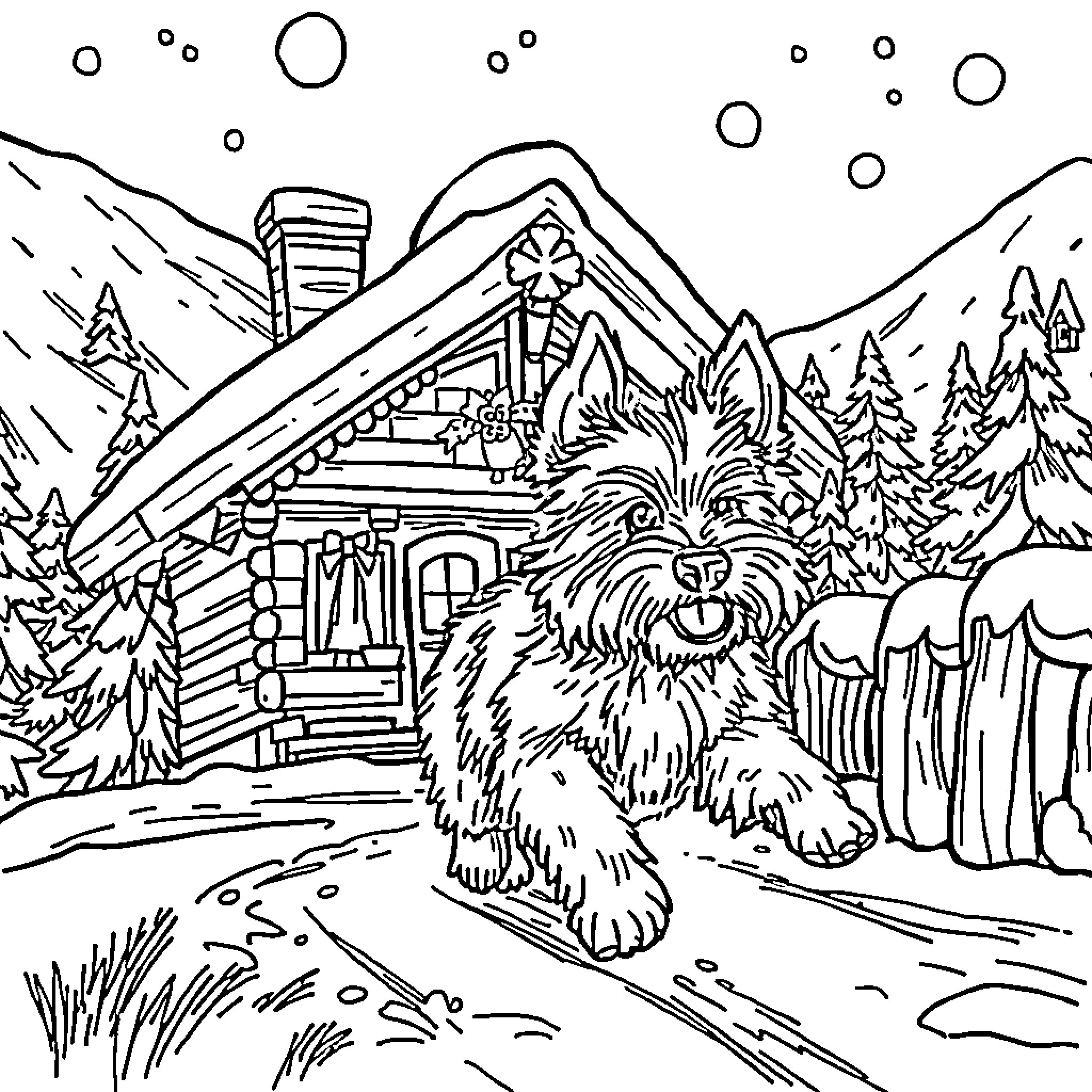Dog exploring a snowy cabin in the woods Coloring Page (free black-and-white line drawing printable PDF for all, from beginners to advanced learners, including children, teens, adults, and seniors)