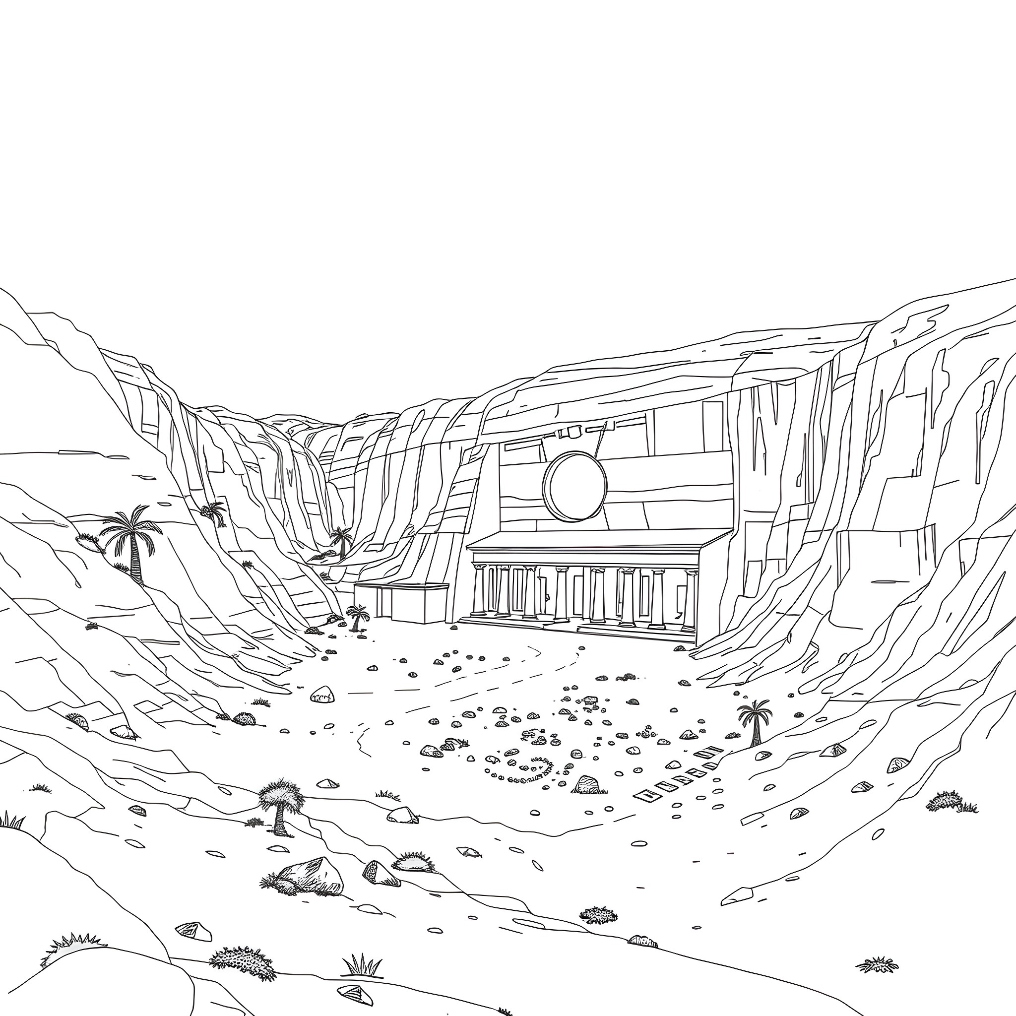 Valley Of The Kings With Majestic Temples and Landscapes Coloring Page (free black-and-white line drawing printable PDF for all, from beginners to advanced learners, including children, teens, adults, and seniors)