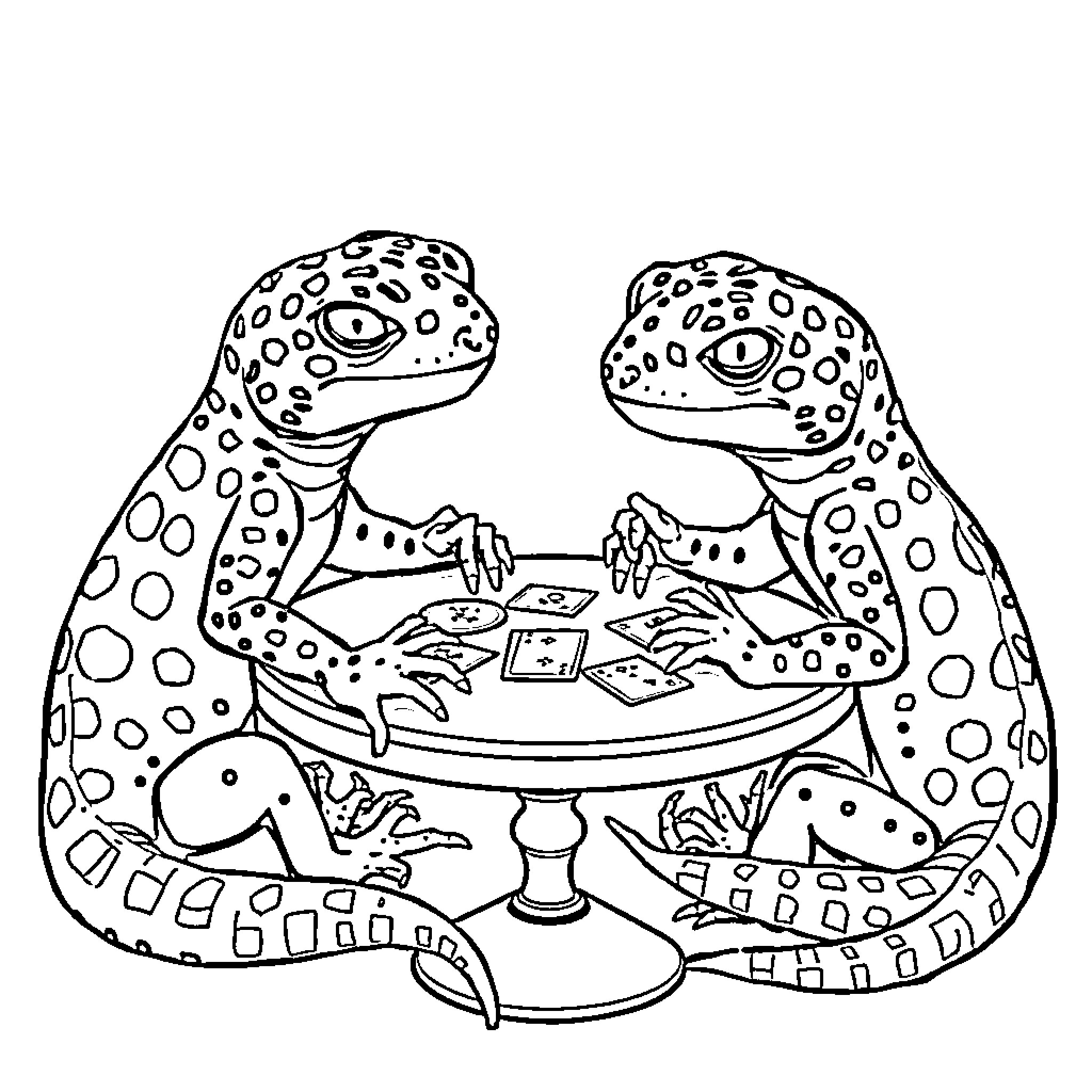 Leopard Geckos playing a card game Coloring Page (free black-and-white line drawing printable PDF for all, from beginners to advanced learners, including children, teens, adults, and seniors)