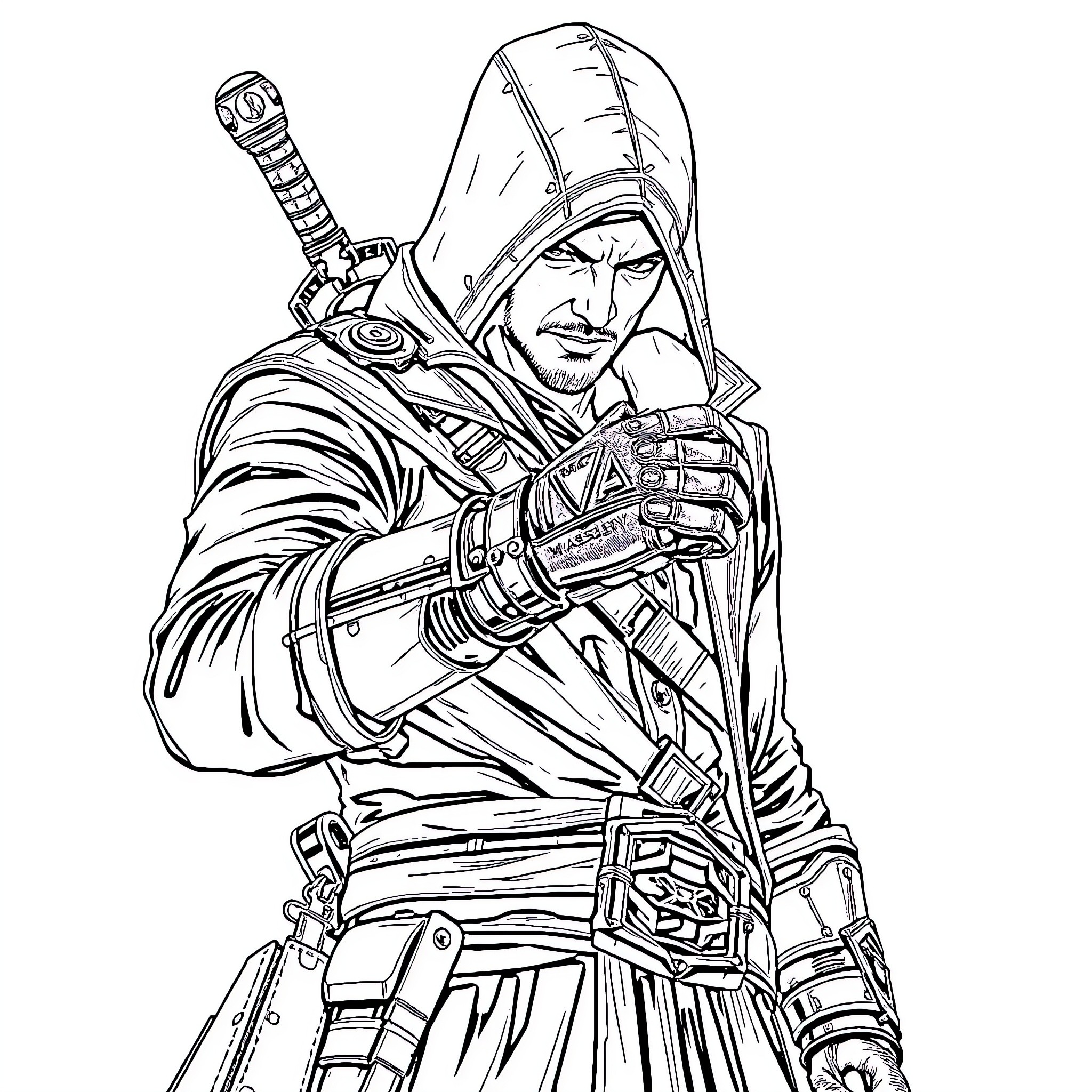 Leon the Hooded Warrior Wielding Sword Coloring Page (free black-and-white line drawing printable PDF for all, from beginners to advanced learners, including children, teens, adults, and seniors)