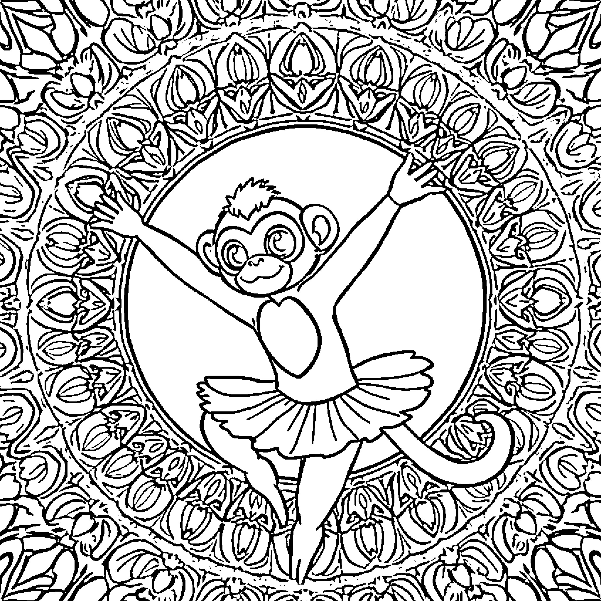 Ballerina monkey dancing gracefully in ornate frame Coloring Page (free black-and-white line drawing printable PDF for all, from beginners to advanced learners, including children, teens, adults, and seniors)