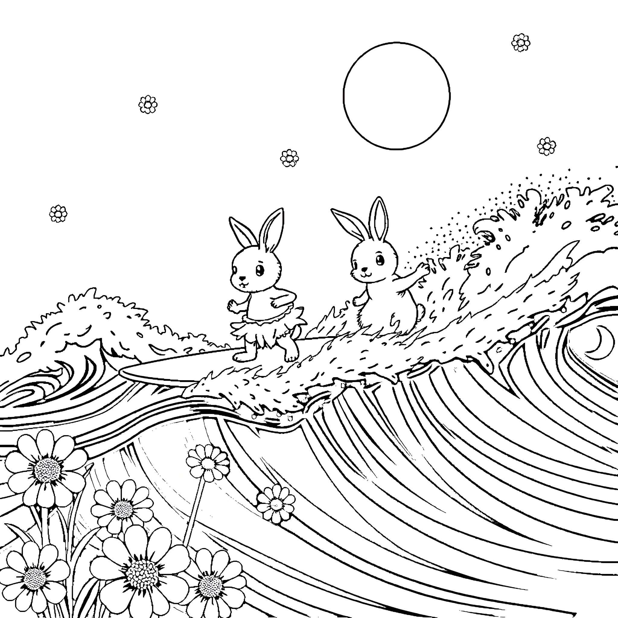 Daisy bunnies frolicking in the meadow Coloring Page (free black-and-white line drawing printable PDF for all, from beginners to advanced learners, including children, teens, adults, and seniors)