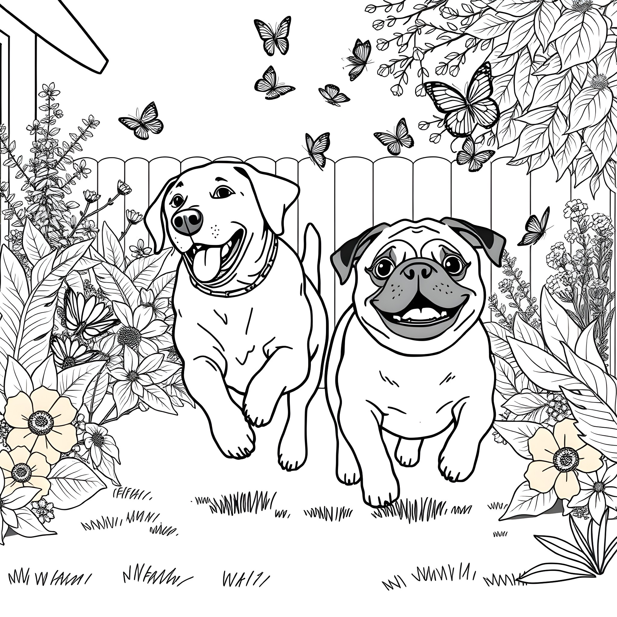 Dogs playing joyfully in a garden with butterflies Coloring Page (free black-and-white line drawing printable PDF for all, from beginners to advanced learners, including children, teens, adults, and seniors)