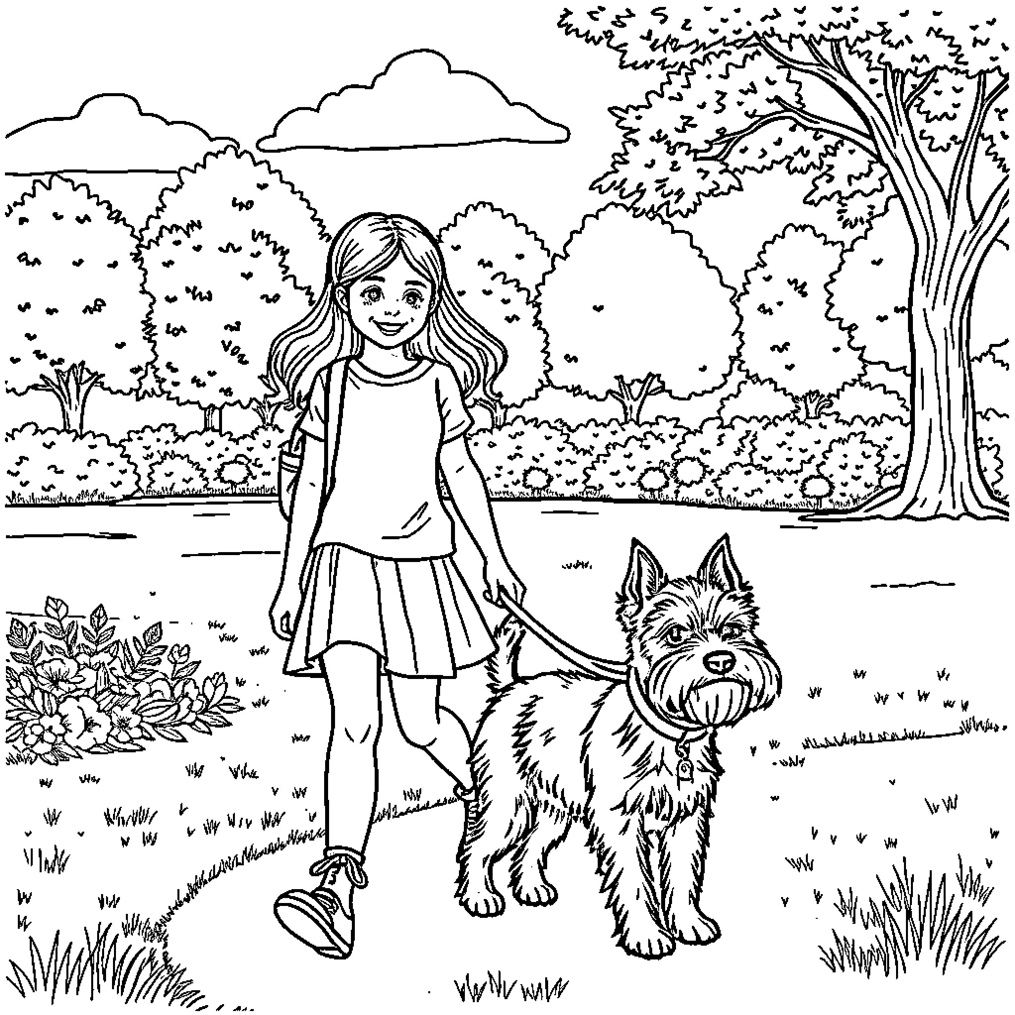 Schnauzer owner walking with their pet in the park Coloring Page (free black-and-white line drawing printable PDF for all, from beginners to advanced learners, including children, teens, adults, and seniors)