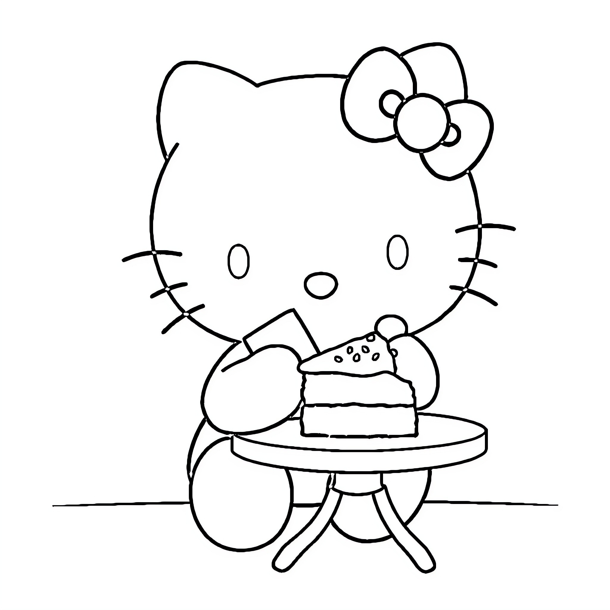 Hello Kitty enjoying a birthday cake Coloring Page (free black-and-white line drawing printable PDF for all, from beginners to advanced learners, including children, teens, adults, and seniors)