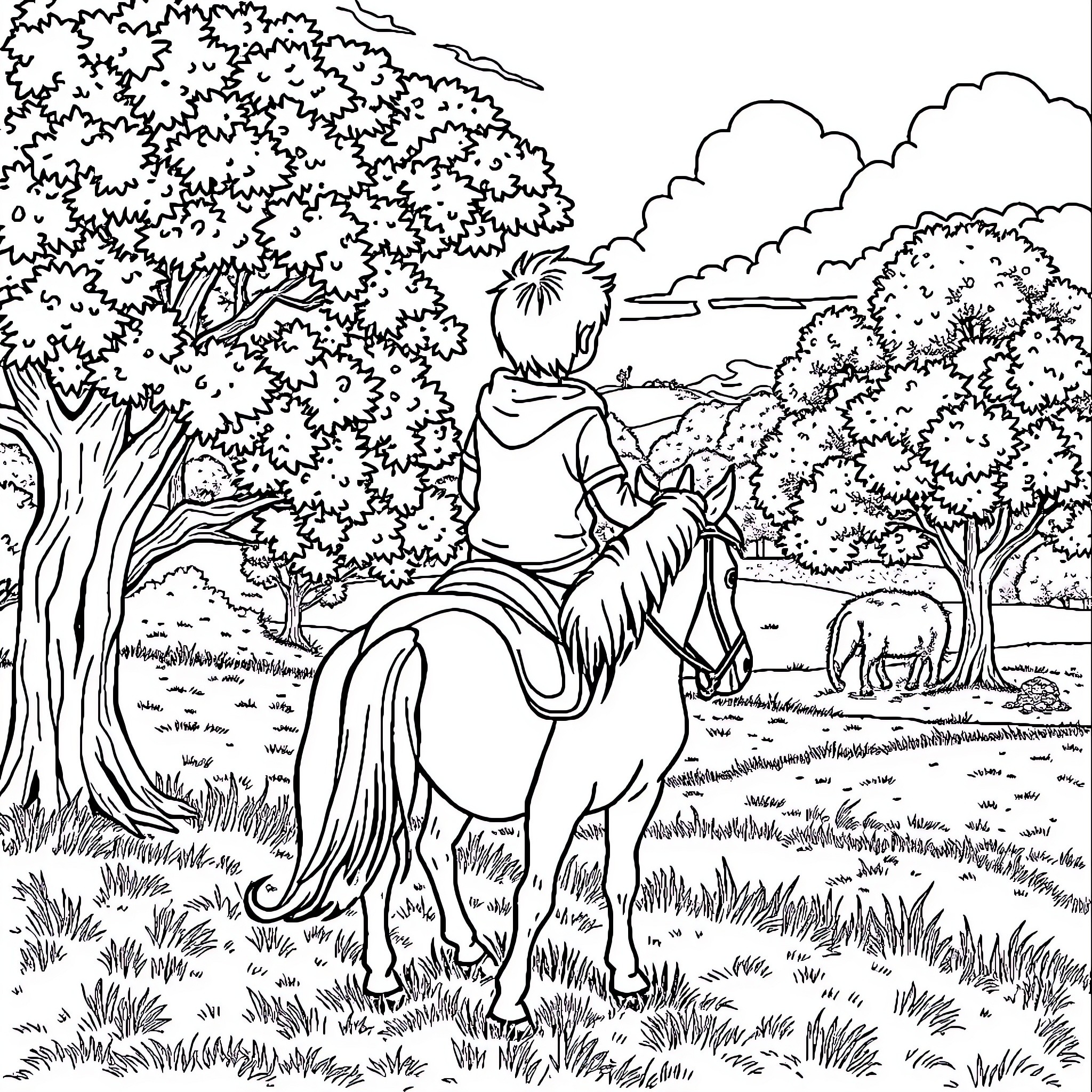 Niño riding a horse in the countryside Coloring Page (free black-and-white line drawing printable PDF for all, from beginners to advanced learners, including children, teens, adults, and seniors)