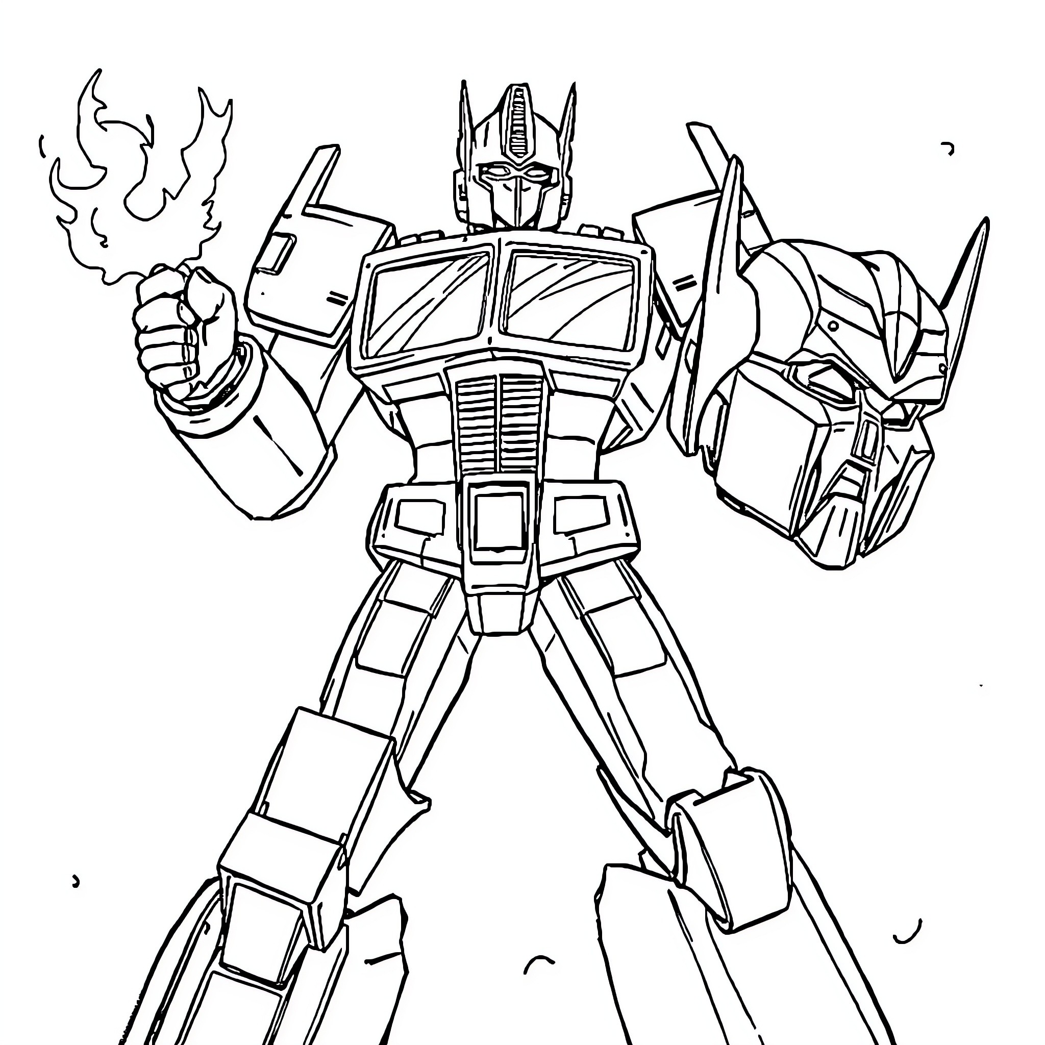 Optimus Prime in action-packed scene Coloring Page (free black-and-white line drawing printable PDF for all, from beginners to advanced learners, including children, teens, adults, and seniors)