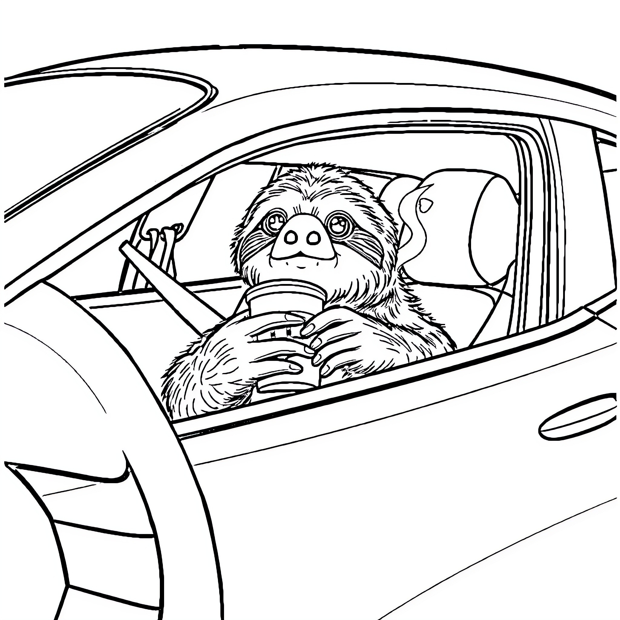 Sloth driving a car with a big grin Coloring Page (free black-and-white line drawing printable PDF for all, from beginners to advanced learners, including children, teens, adults, and seniors)