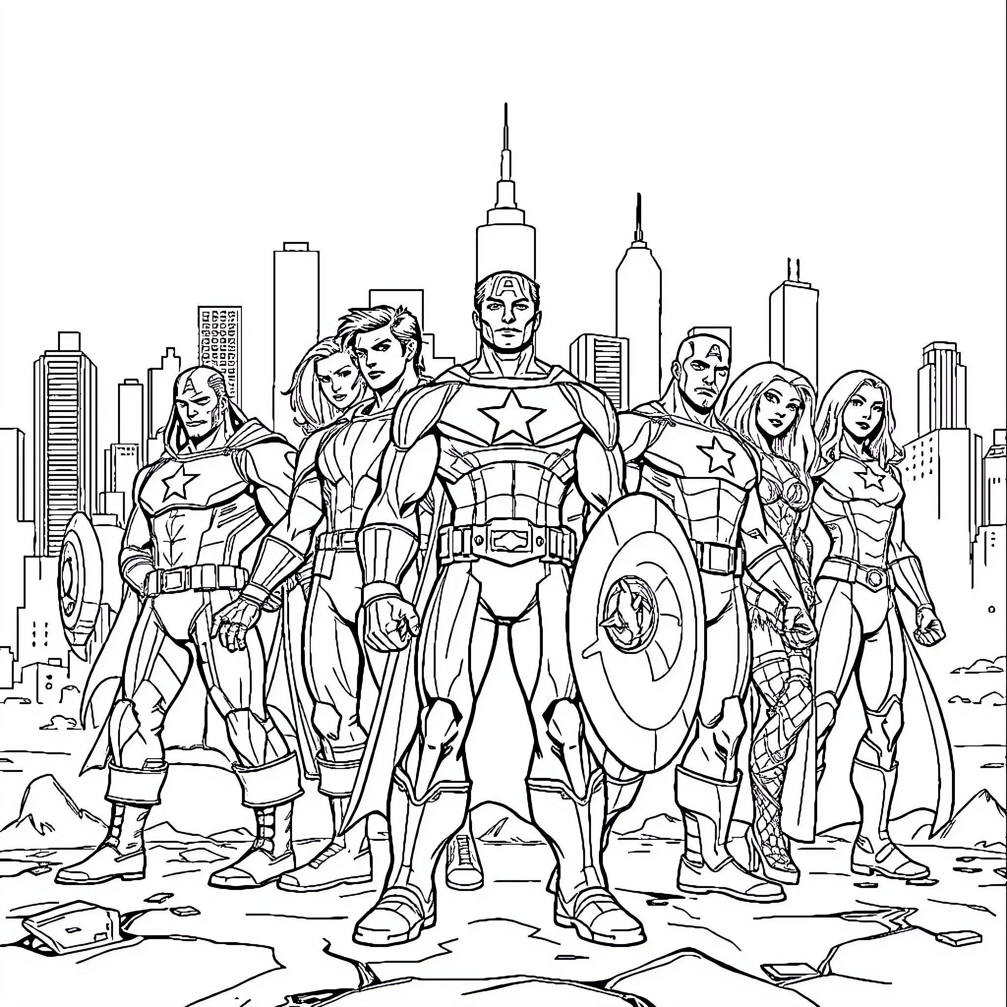 Avenger heroes assembled in the city Coloring Page (free black-and-white line drawing printable PDF for all, from beginners to advanced learners, including children, teens, adults, and seniors)