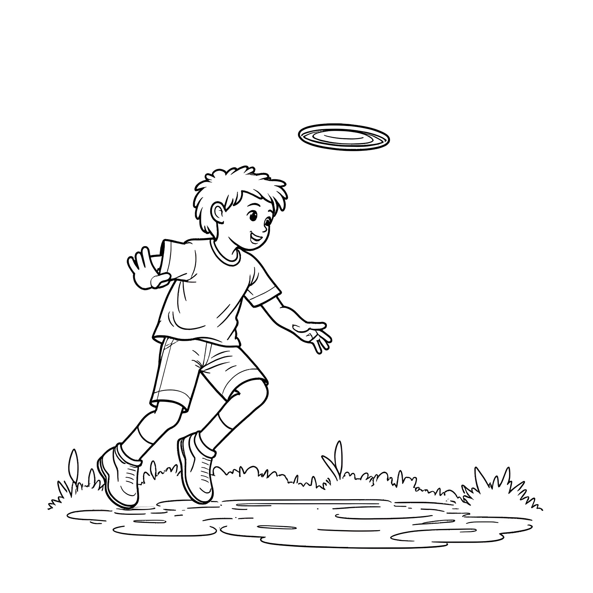 Boy playfully chasing a Frisbee in the park Coloring Page (free black-and-white line drawing printable PDF for all, from beginners to advanced learners, including children, teens, adults, and seniors)