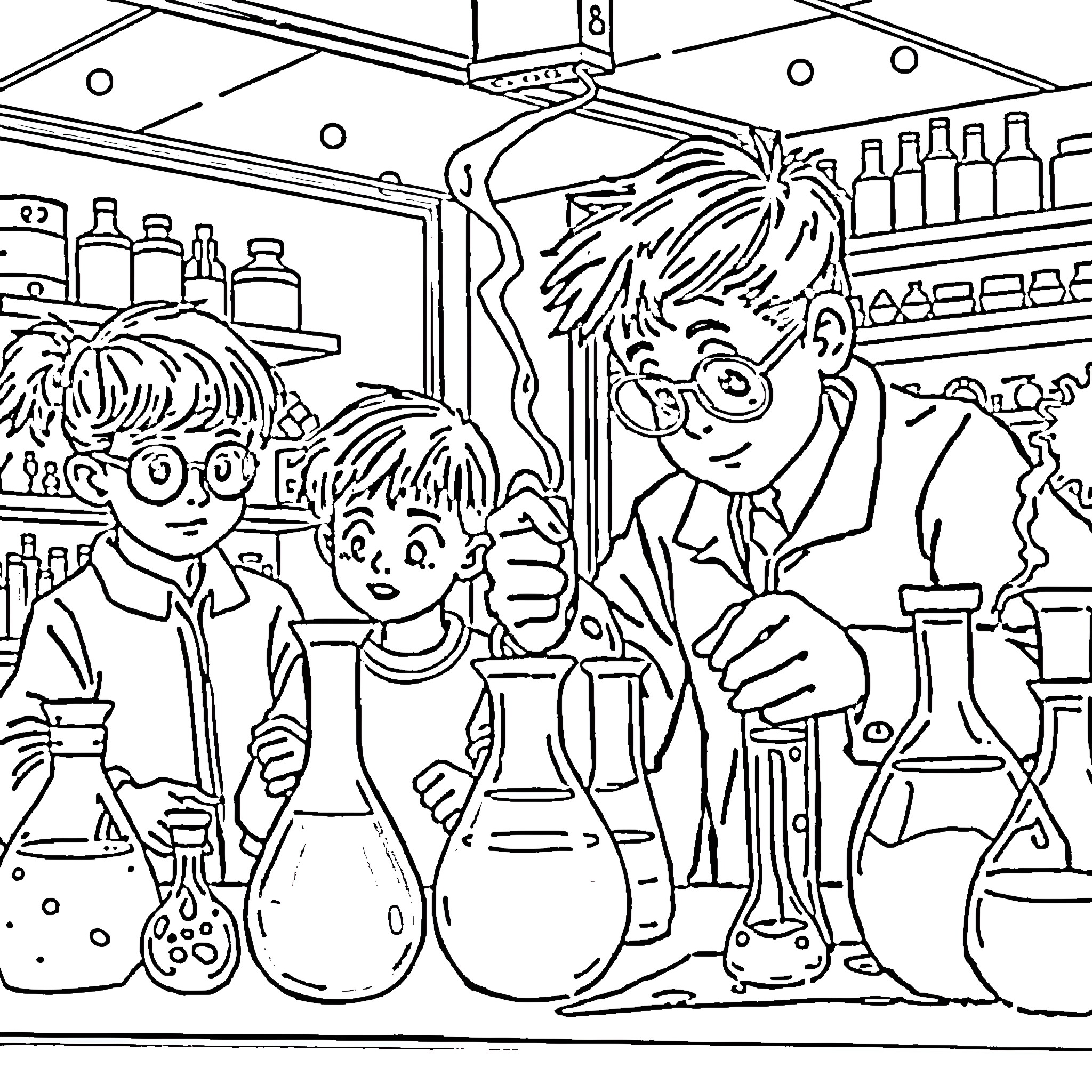 Students Conducting Science Experiments in Lab Coloring Page (free black-and-white line drawing printable PDF for all, from beginners to advanced learners, including children, teens, adults, and seniors)