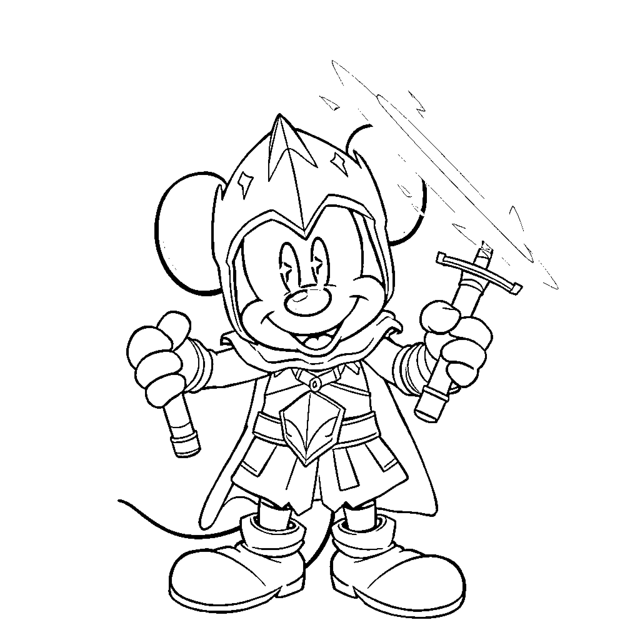 Mickey Mouse as a medieval knight with sword and shield Coloring Page (free black-and-white line drawing printable PDF for all, from beginners to advanced learners, including children, teens, adults, and seniors)